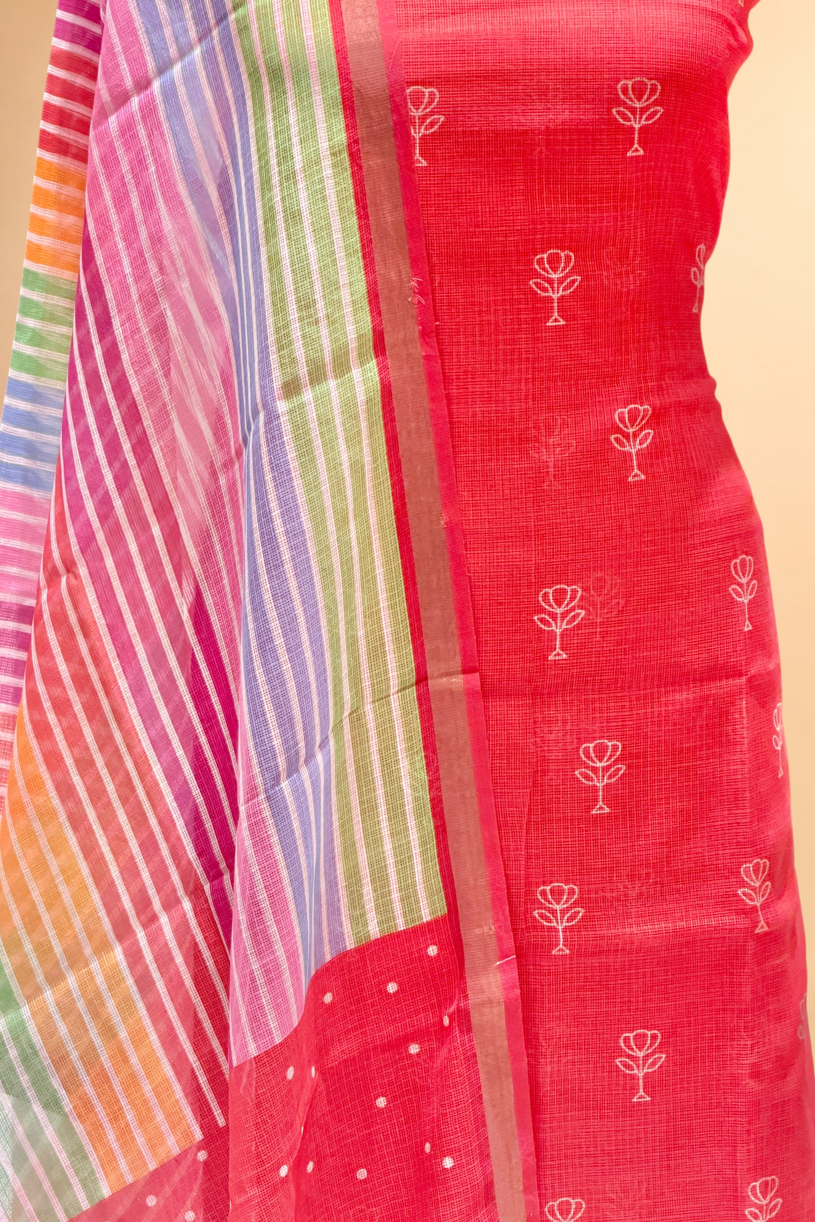 Red Pure Kota Silk Suit Sets With Stripe Dupatta