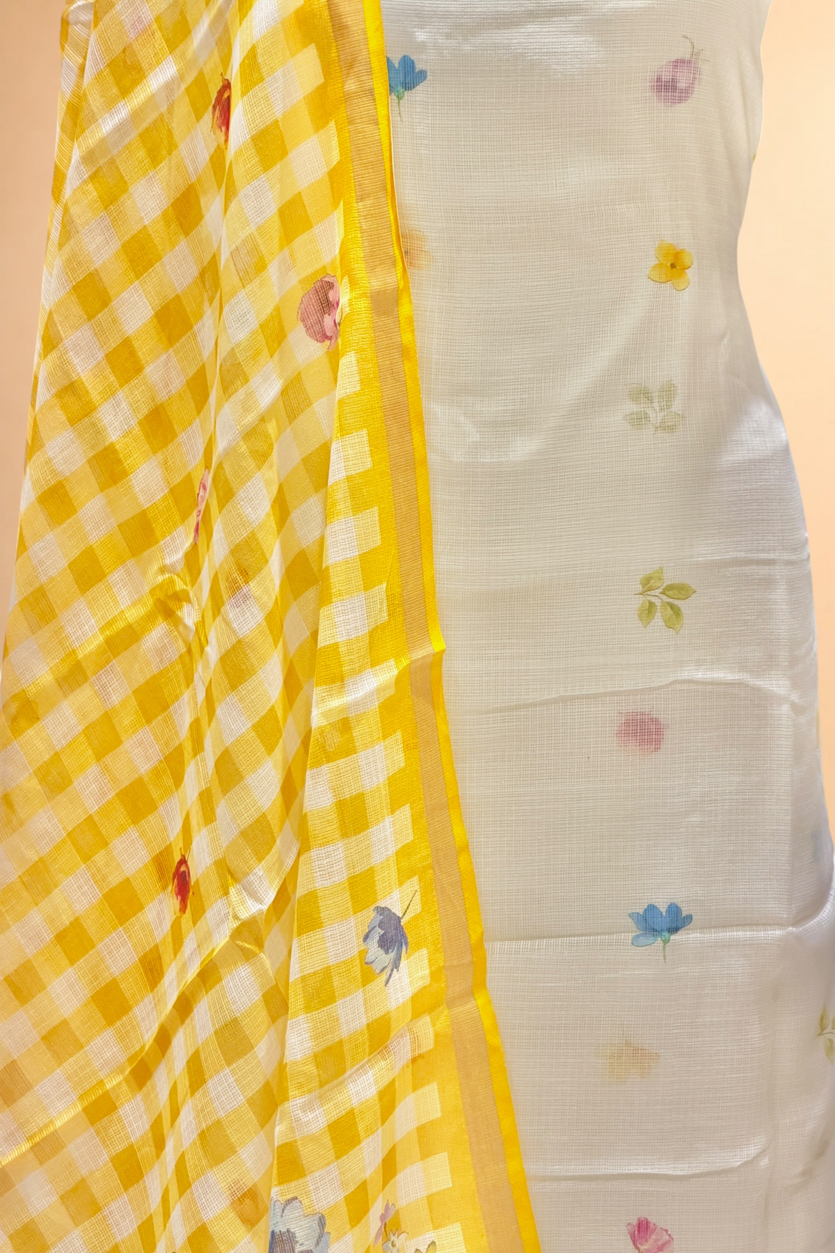 Ivory-White Pure Kota Silk Suit Sets With Checkered Dupatta