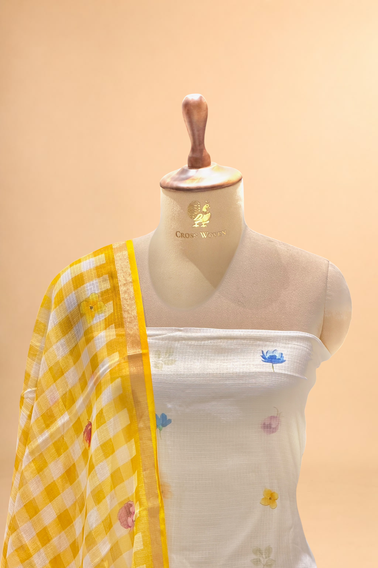 Ivory-White Pure Kota Silk Suit Sets With Checkered Dupatta