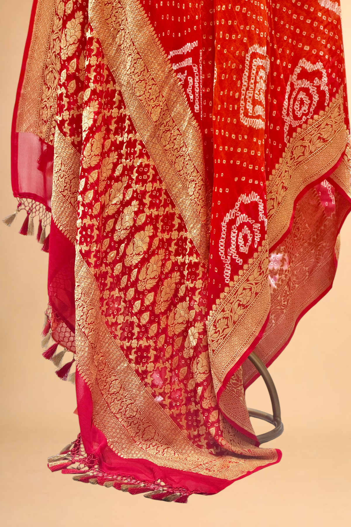 Red & Orange Shaded Georgette Khaddi Rai Bandhani Dupatta