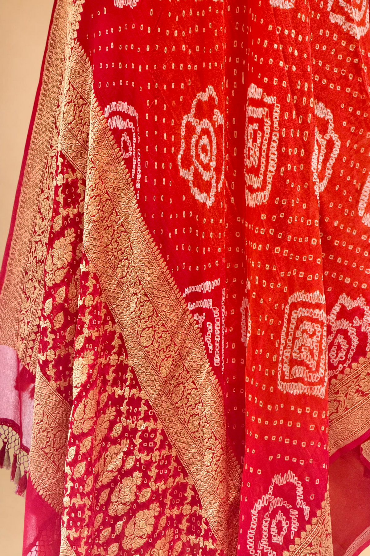 Red & Orange Shaded Georgette Khaddi Rai Bandhani Dupatta