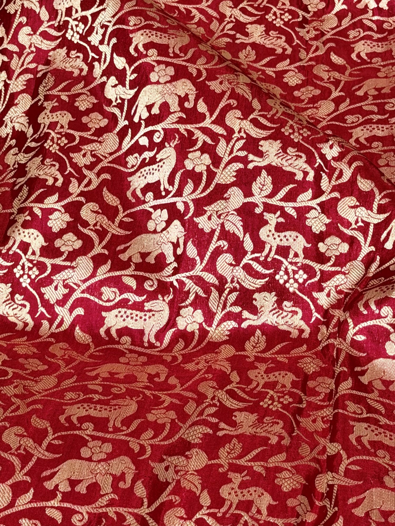 Deep Red Shikarghah Katan Silk Handloom Fabric