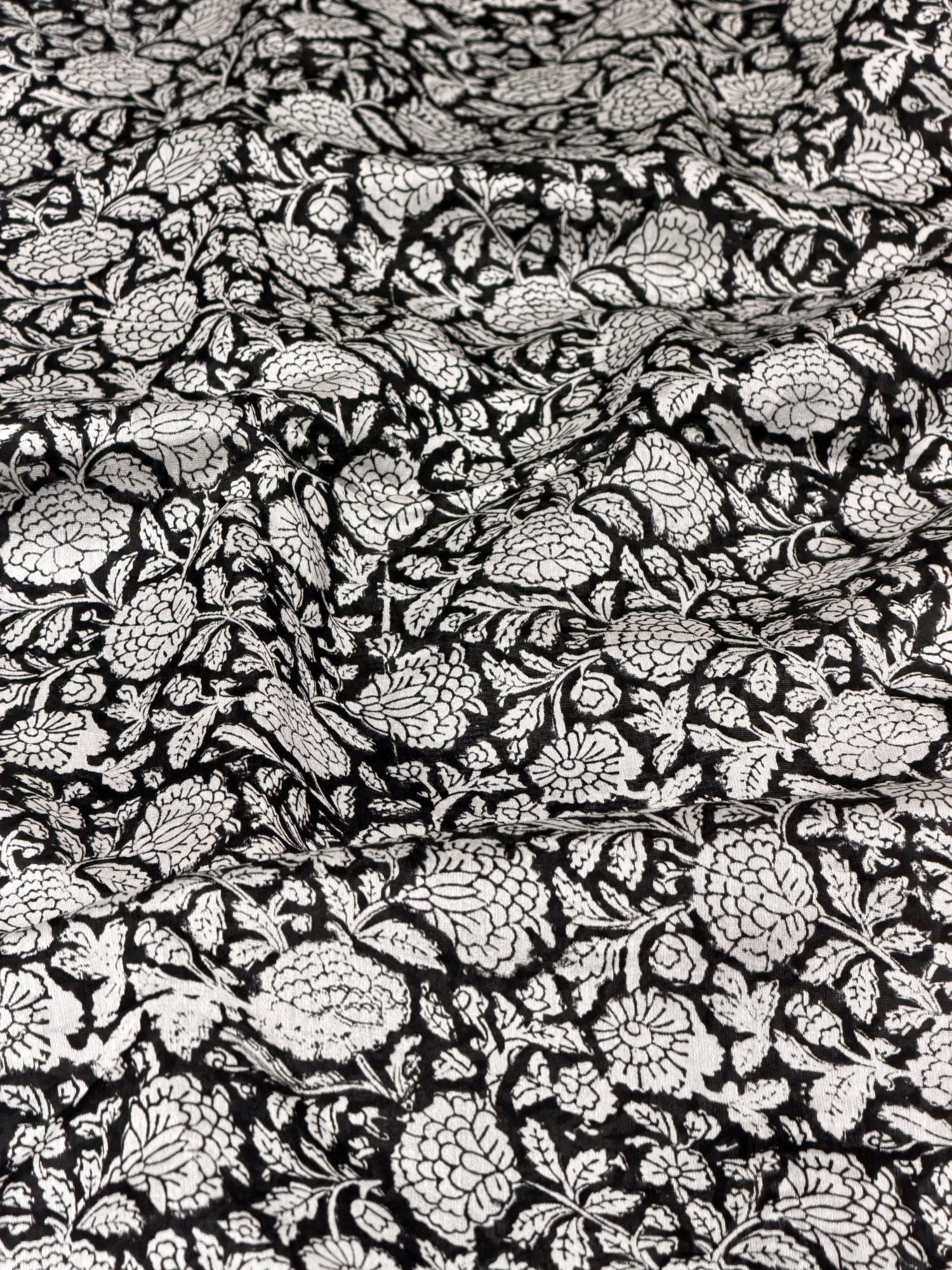 Black Chanderi Silk Fabric With Hand Block Print