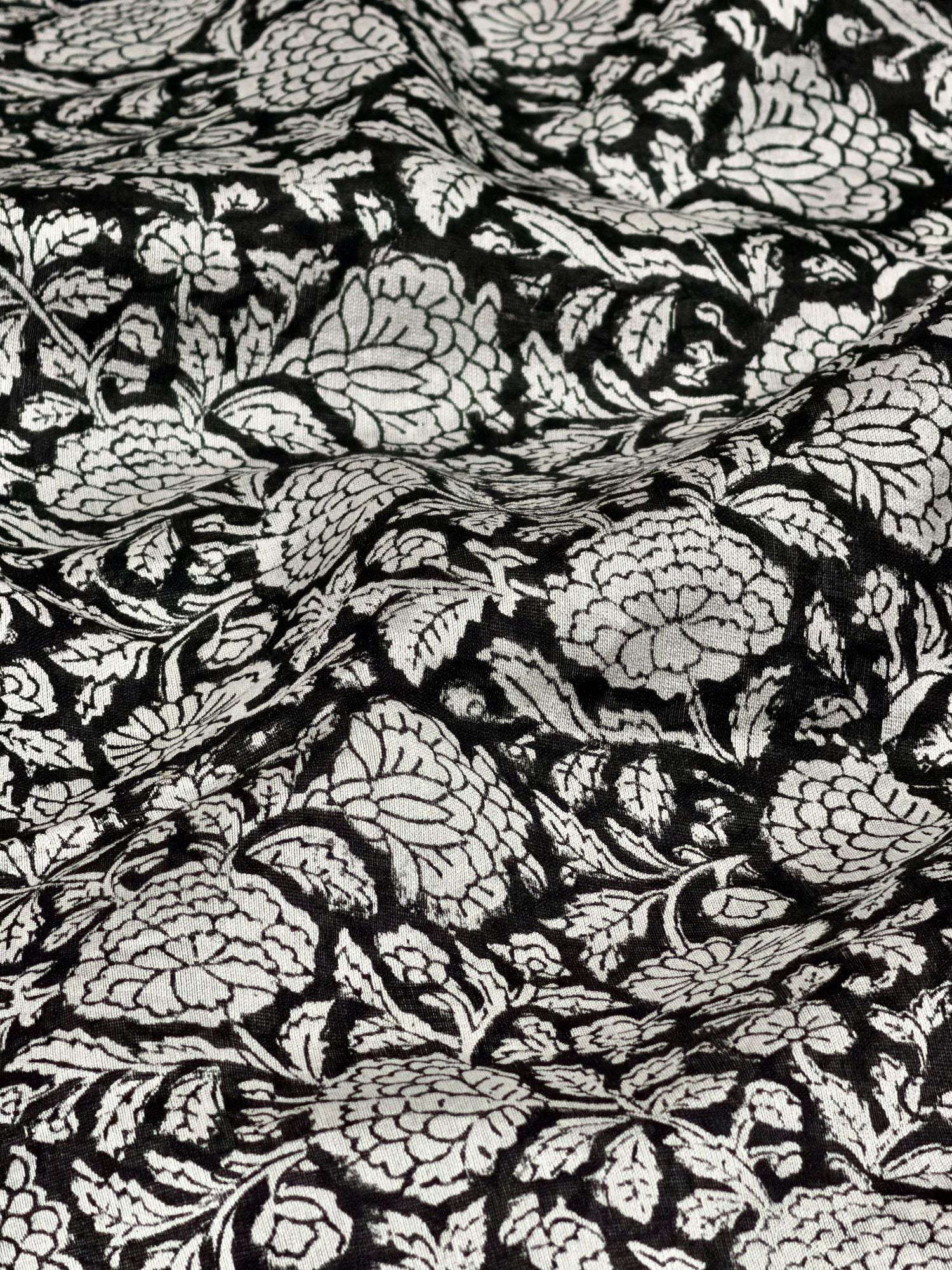 Black Chanderi Silk Fabric With Hand Block Print
