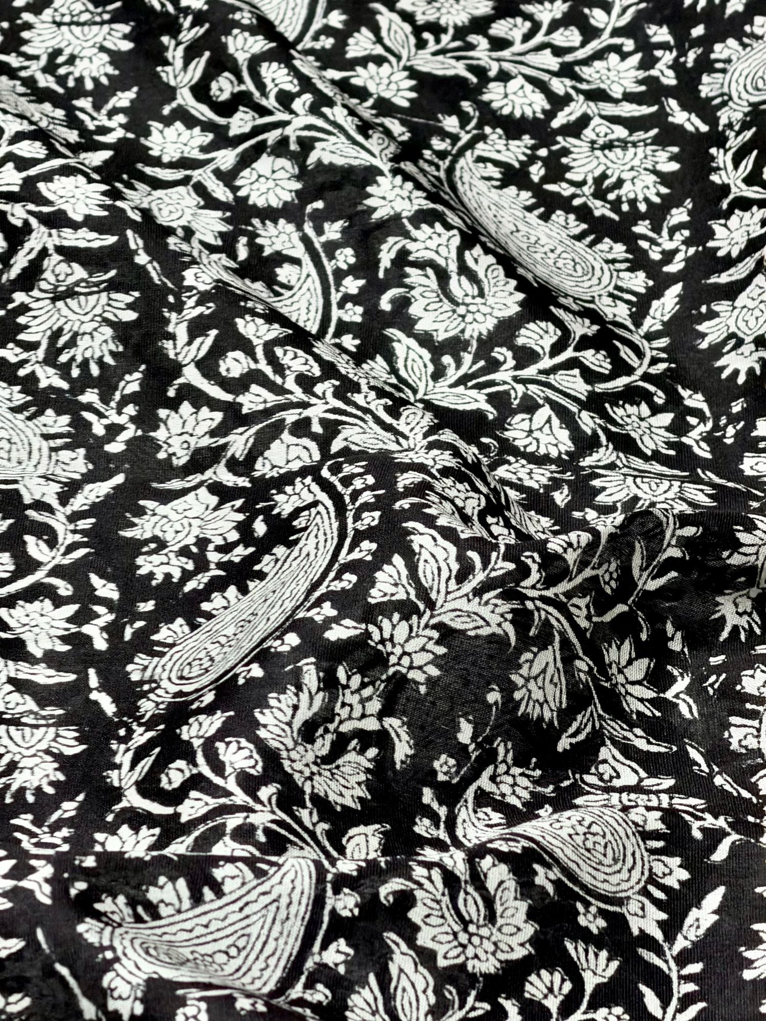 Black Chanderi Silk Fabric With Hand Block Print
