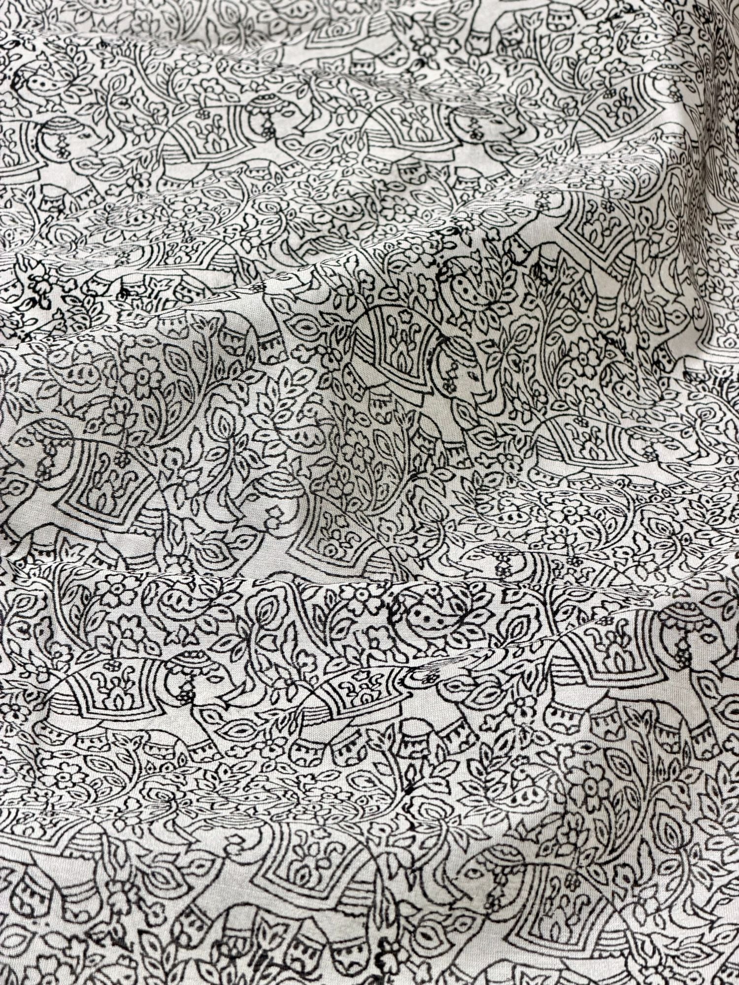 White Chanderi Silk Fabric With Hand Block Print