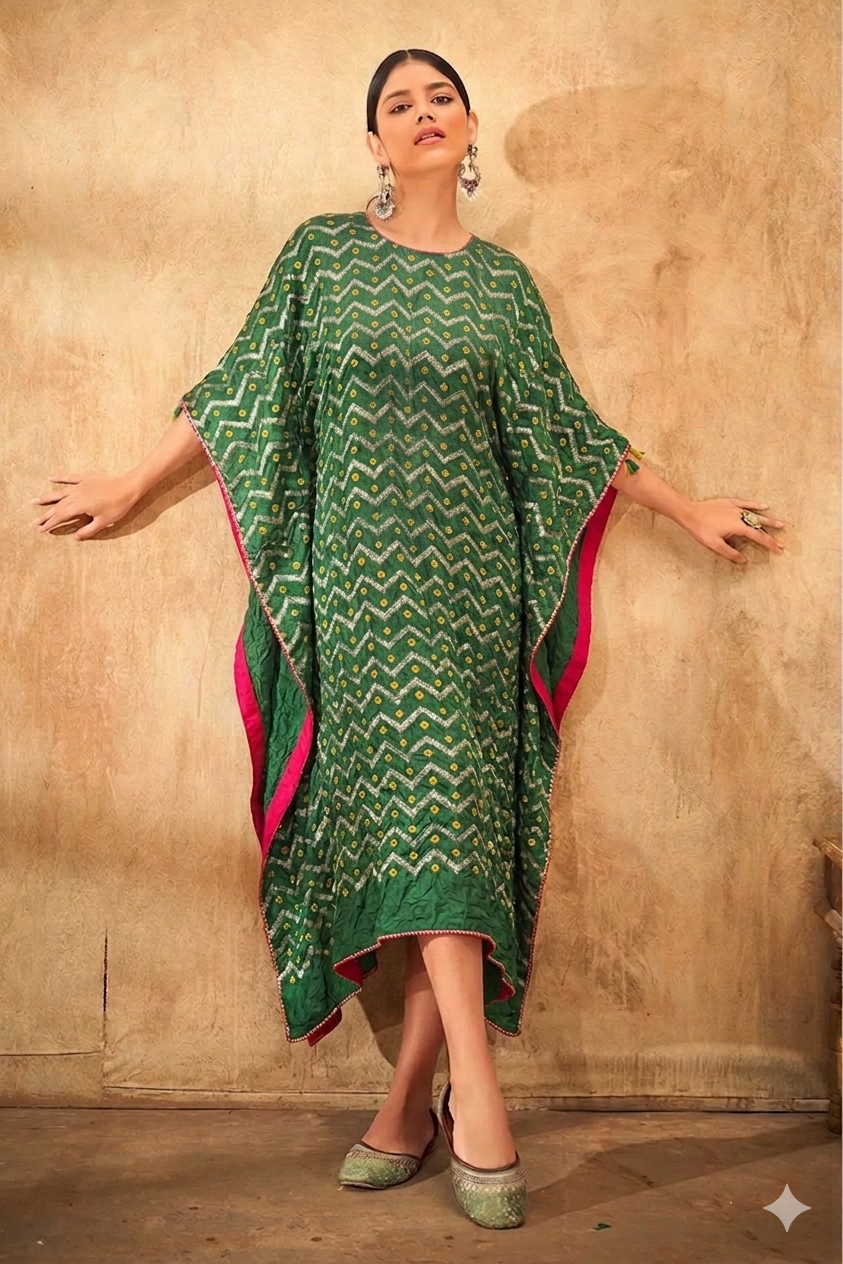 Bottle Green Chiniya Silk Fabric With Bandhani