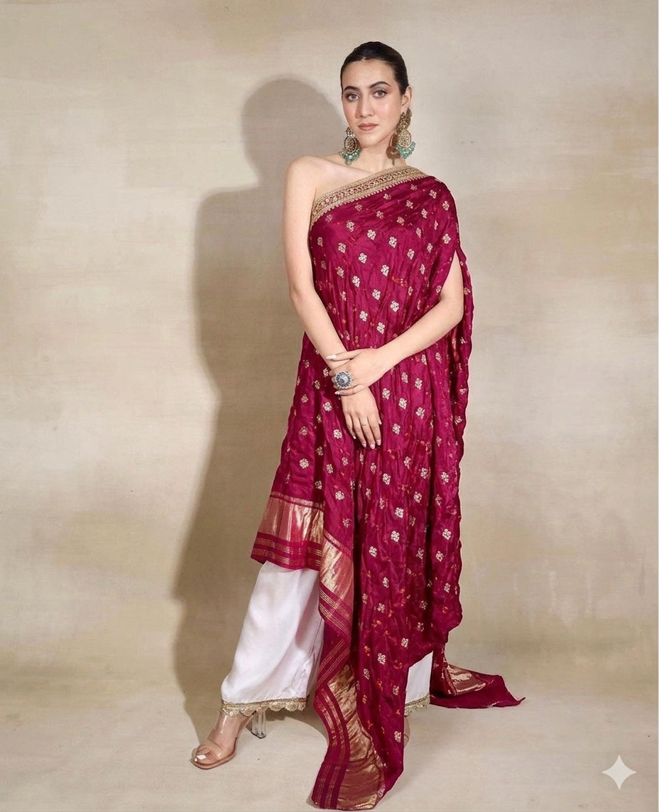 Rani Pink Chiniya Silk Fabric With Bandhani
