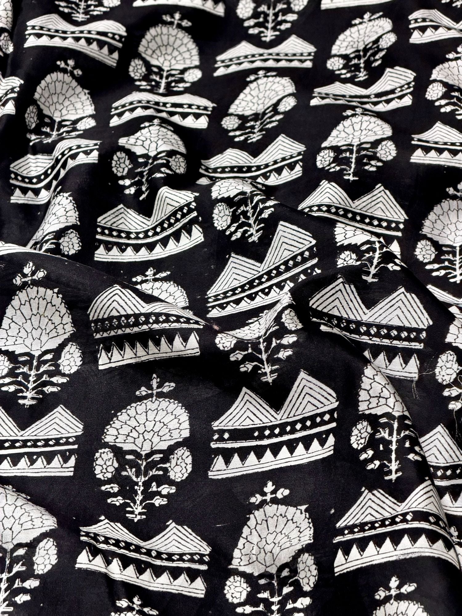 Black Chanderi Silk Fabric With Hand Block Print