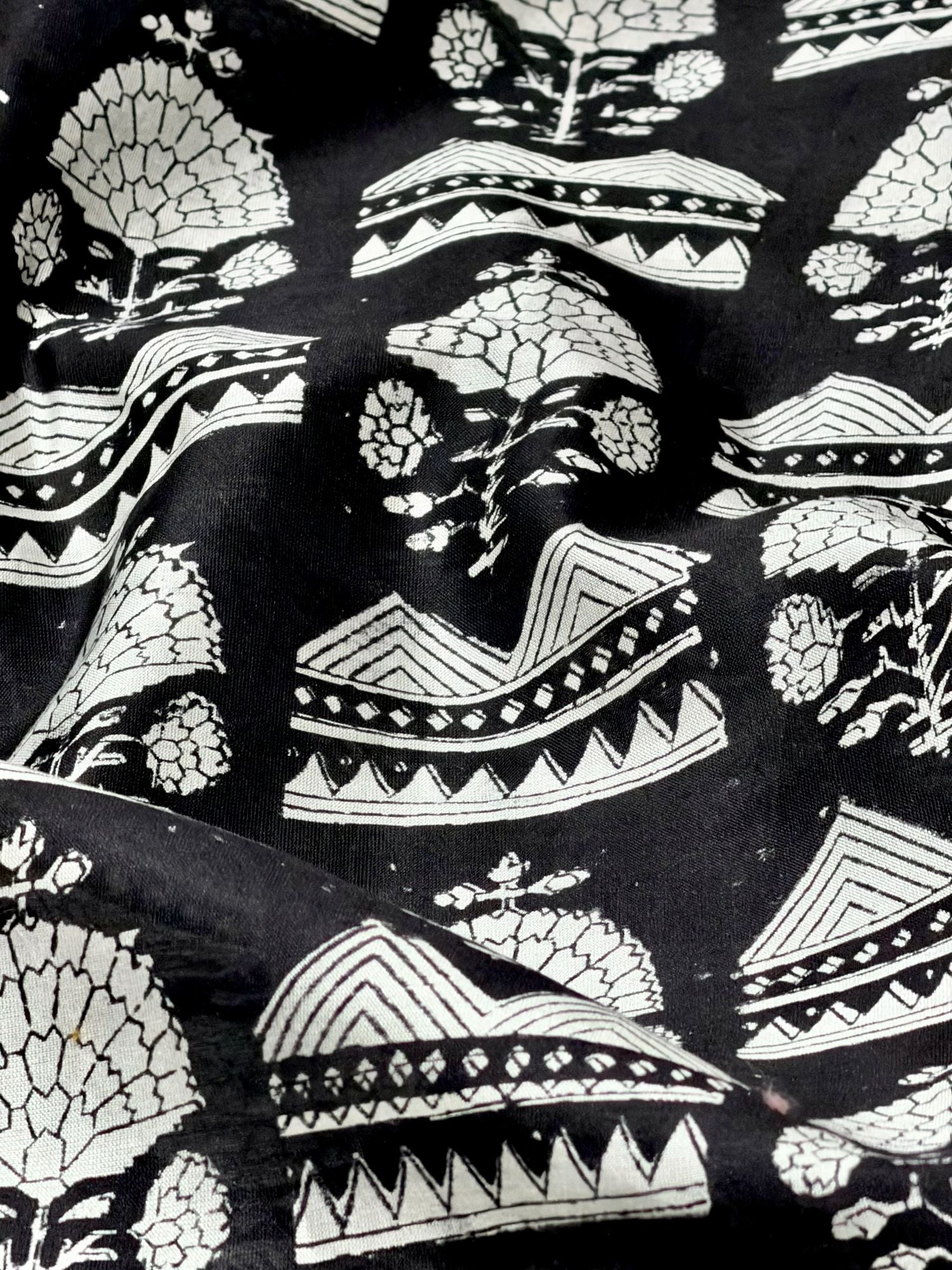 Black Chanderi Silk Fabric With Hand Block Print