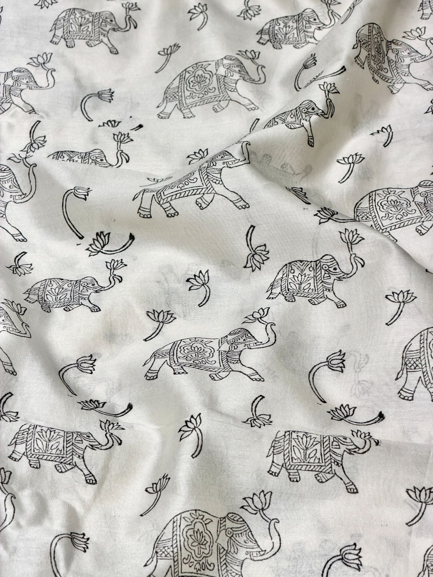 White Chanderi Silk Fabric With Hand Block Print