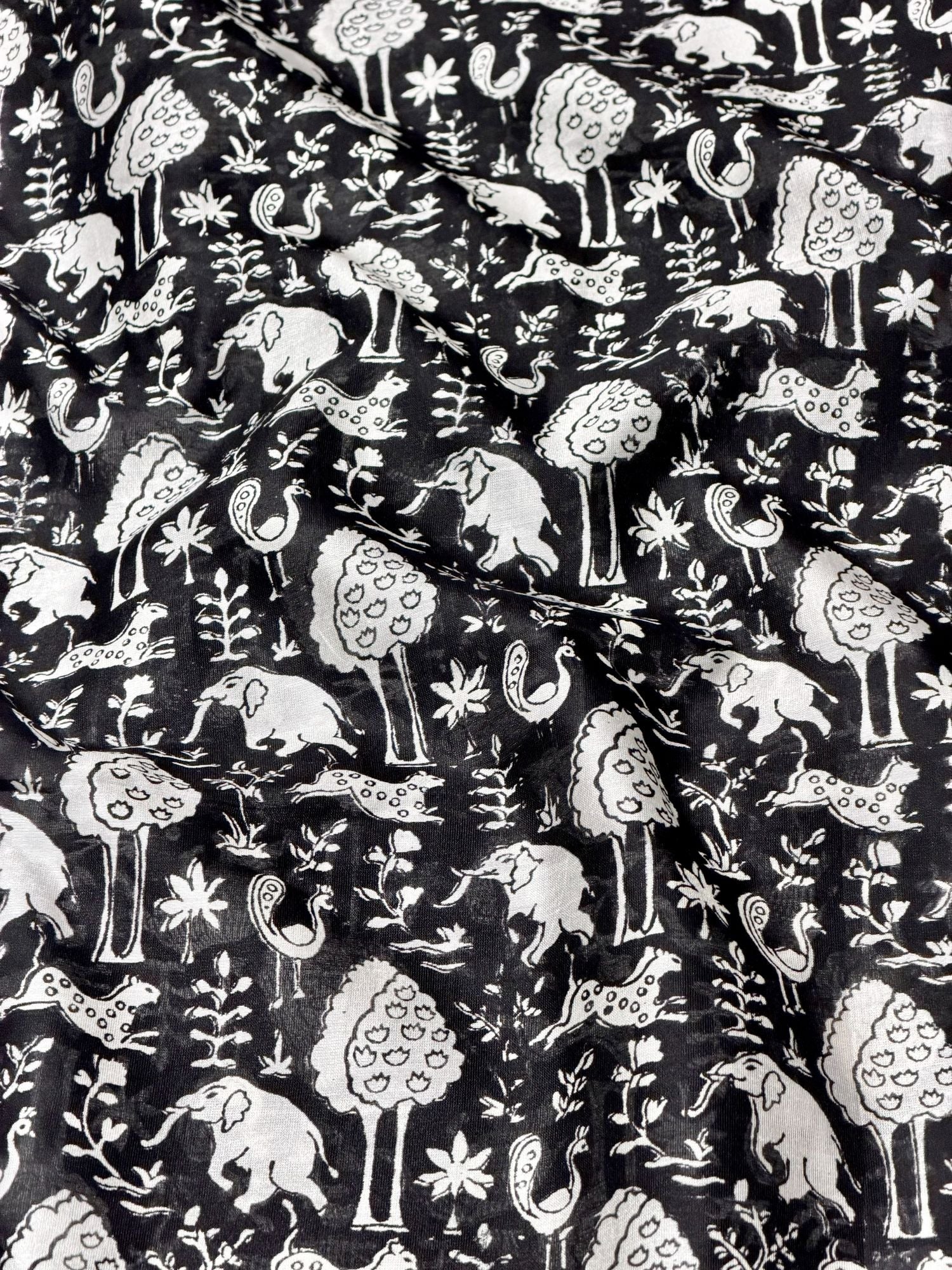 Black Chanderi Silk Fabric With Hand Block Print