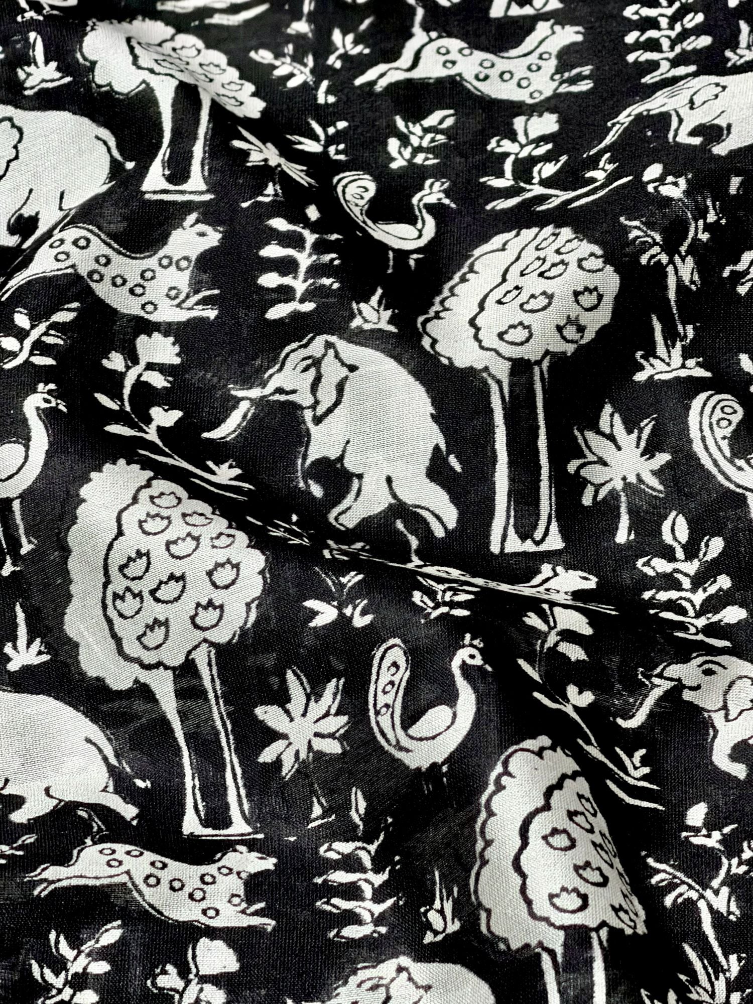Black Chanderi Silk Fabric With Hand Block Print