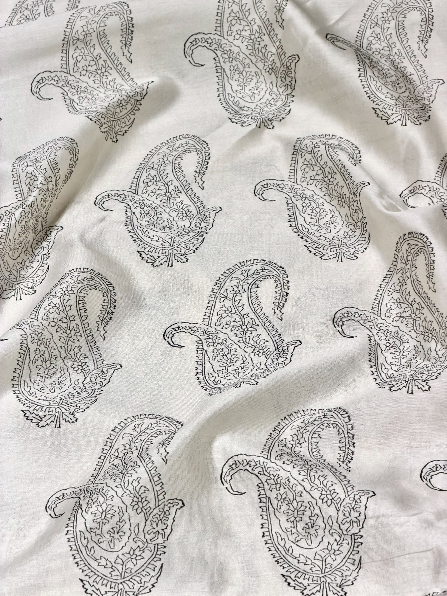 White Chanderi Silk Fabric With Hand Block Print