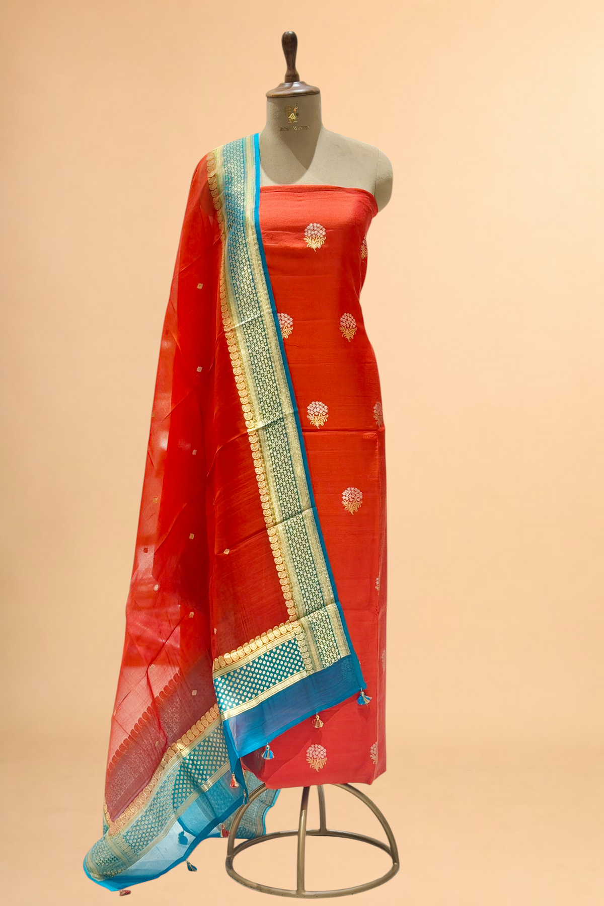 Vibrant Orange Chiniya Silk Suit Set With Contrast Border Dupatta