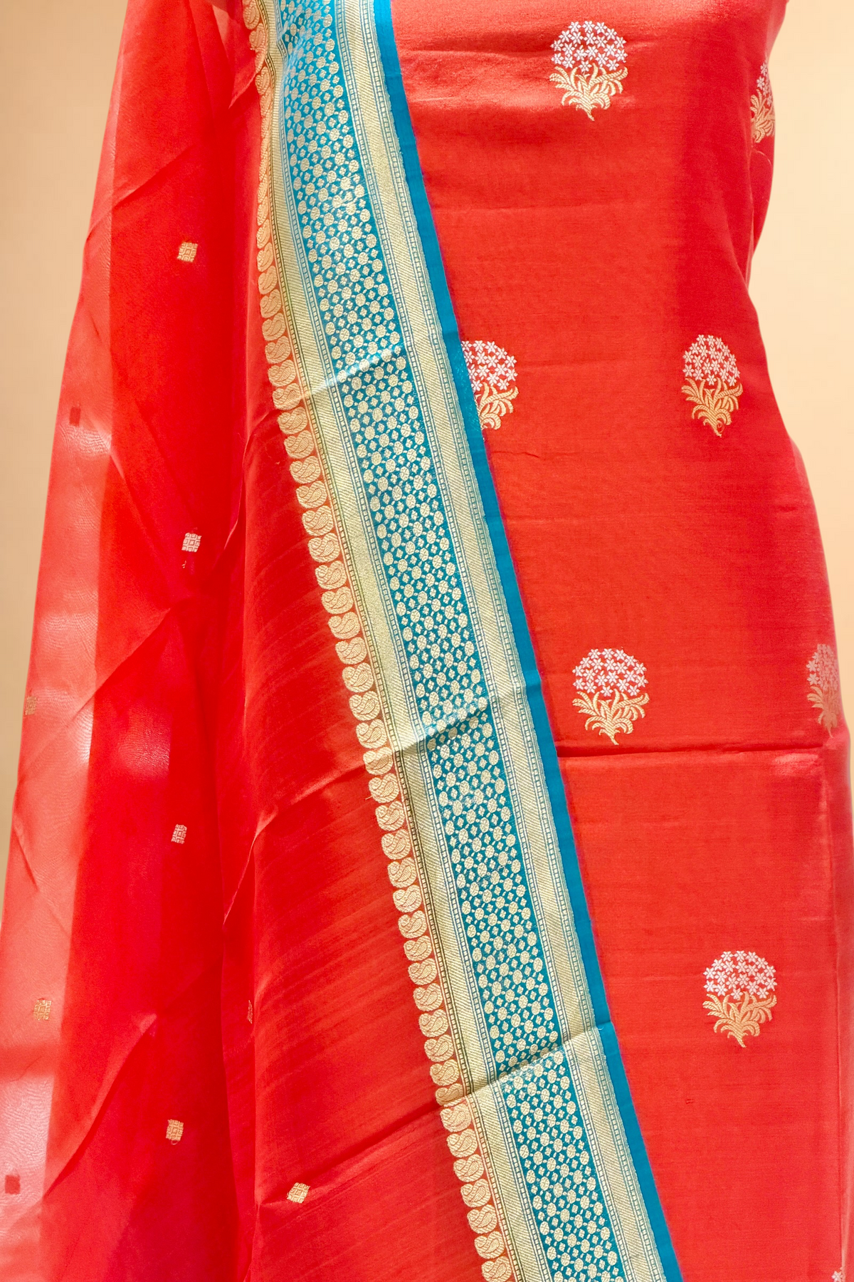 Vibrant Orange Chiniya Silk Suit Set With Contrast Border Dupatta