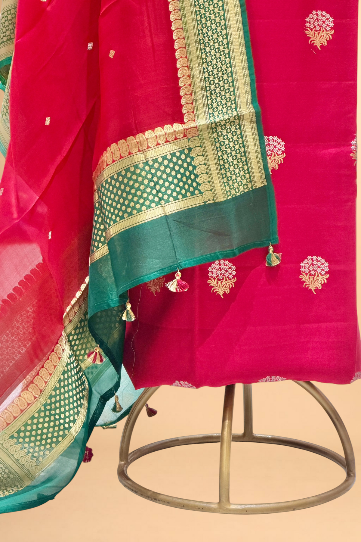 Red Chiniya Silk Suit Set With Contrast Border Dupatta
