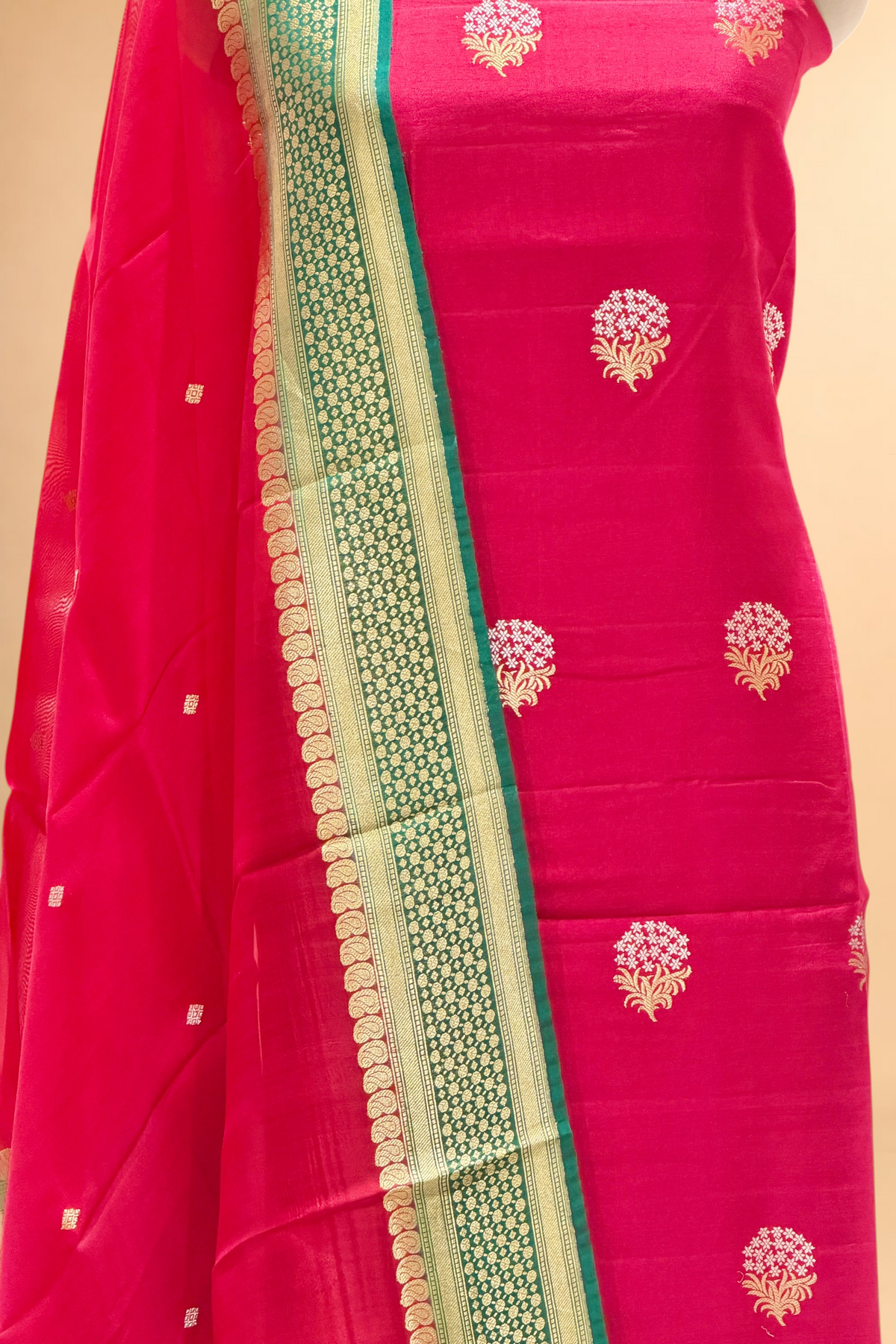 Red Chiniya Silk Suit Set With Contrast Border Dupatta