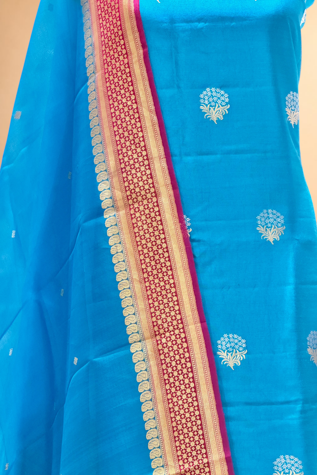 Vibrant Blue Chiniya Silk Suit Set With Contrast Border Dupatta