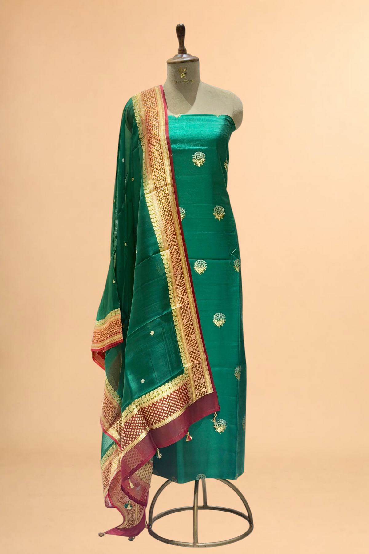 Bottle Green Chiniya Silk Suit Set With Contrast Border Dupatta