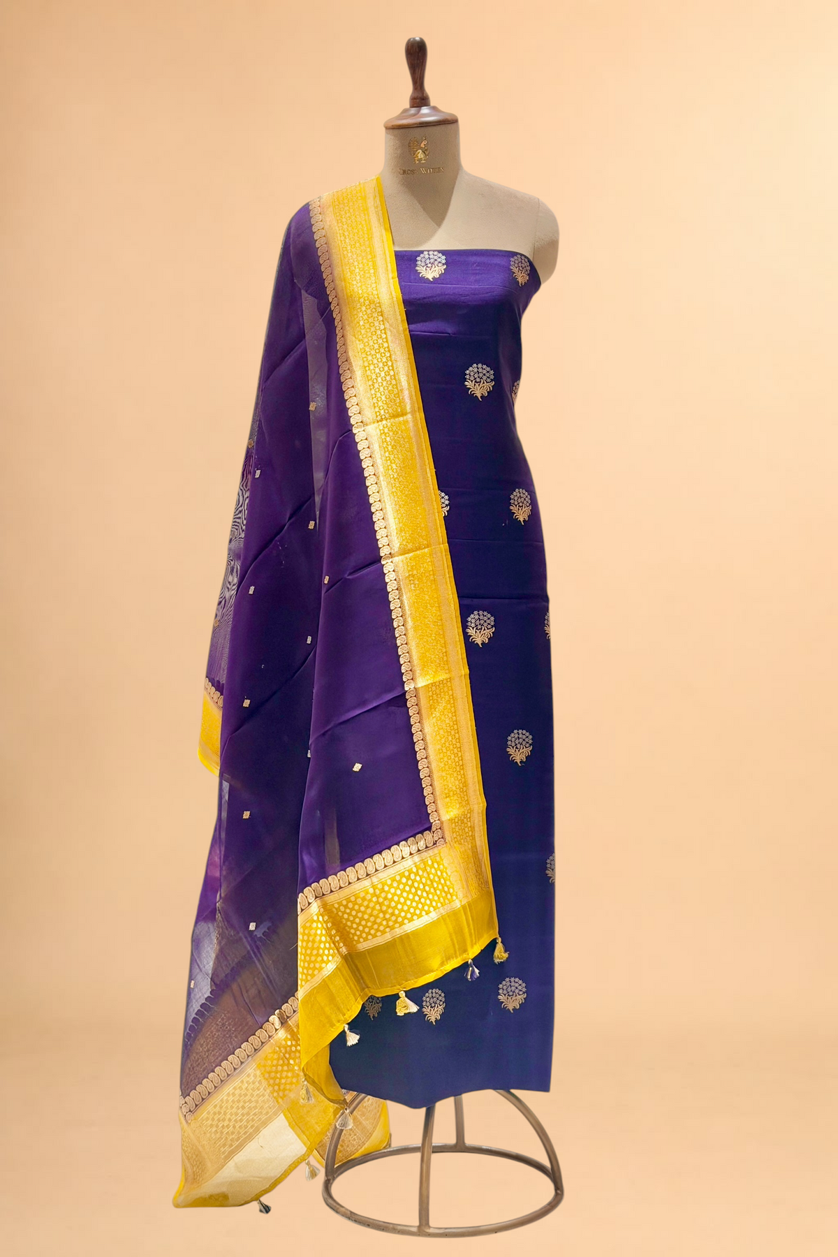 Royal Purple Chiniya Silk Suit Set With Contrast Border Dupatta