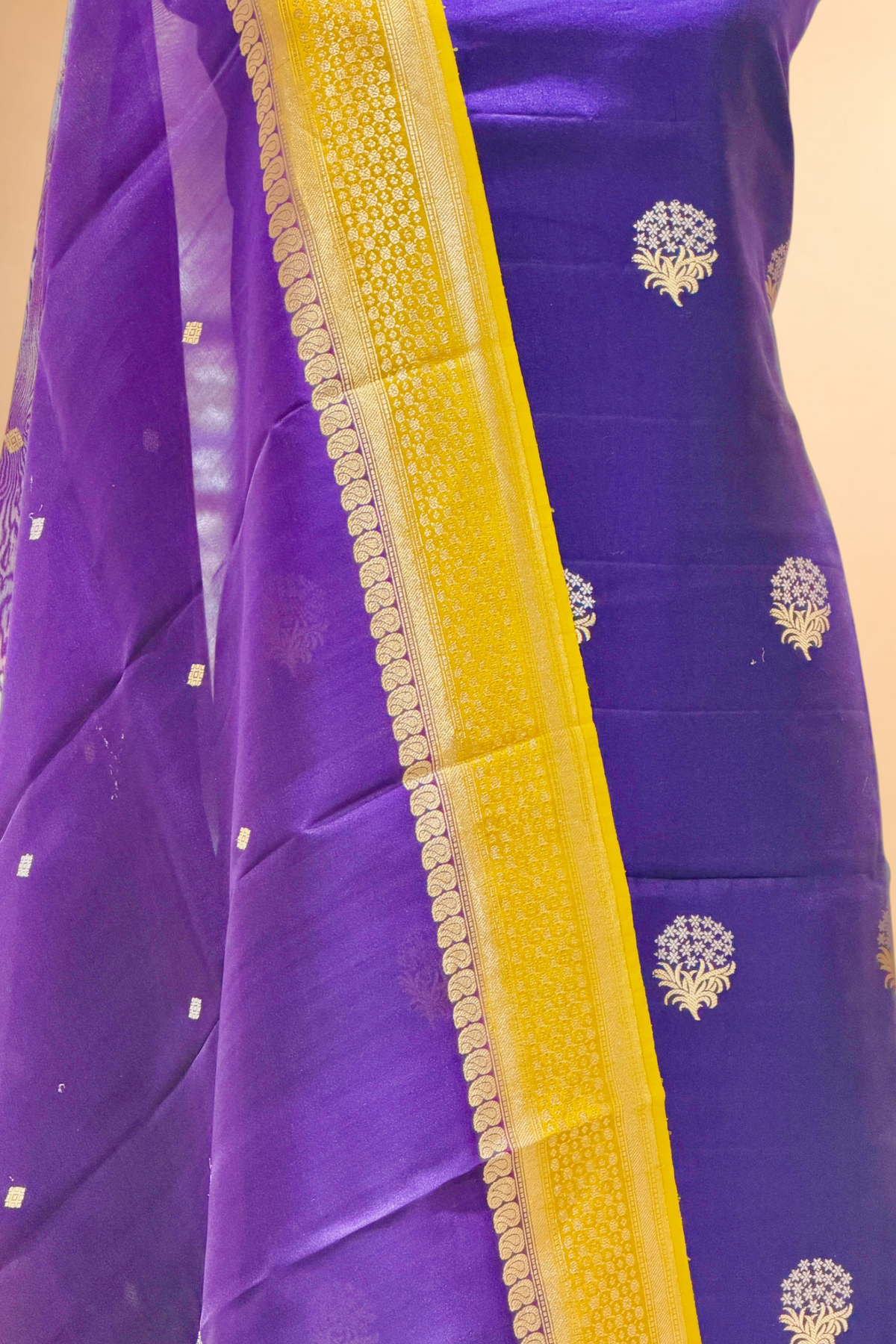 Royal Purple Chiniya Silk Suit Set With Contrast Border Dupatta