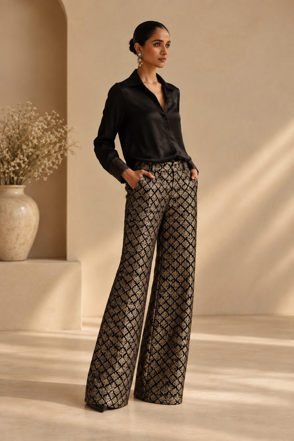 Black Katan Silk Allover Brocade Fabric