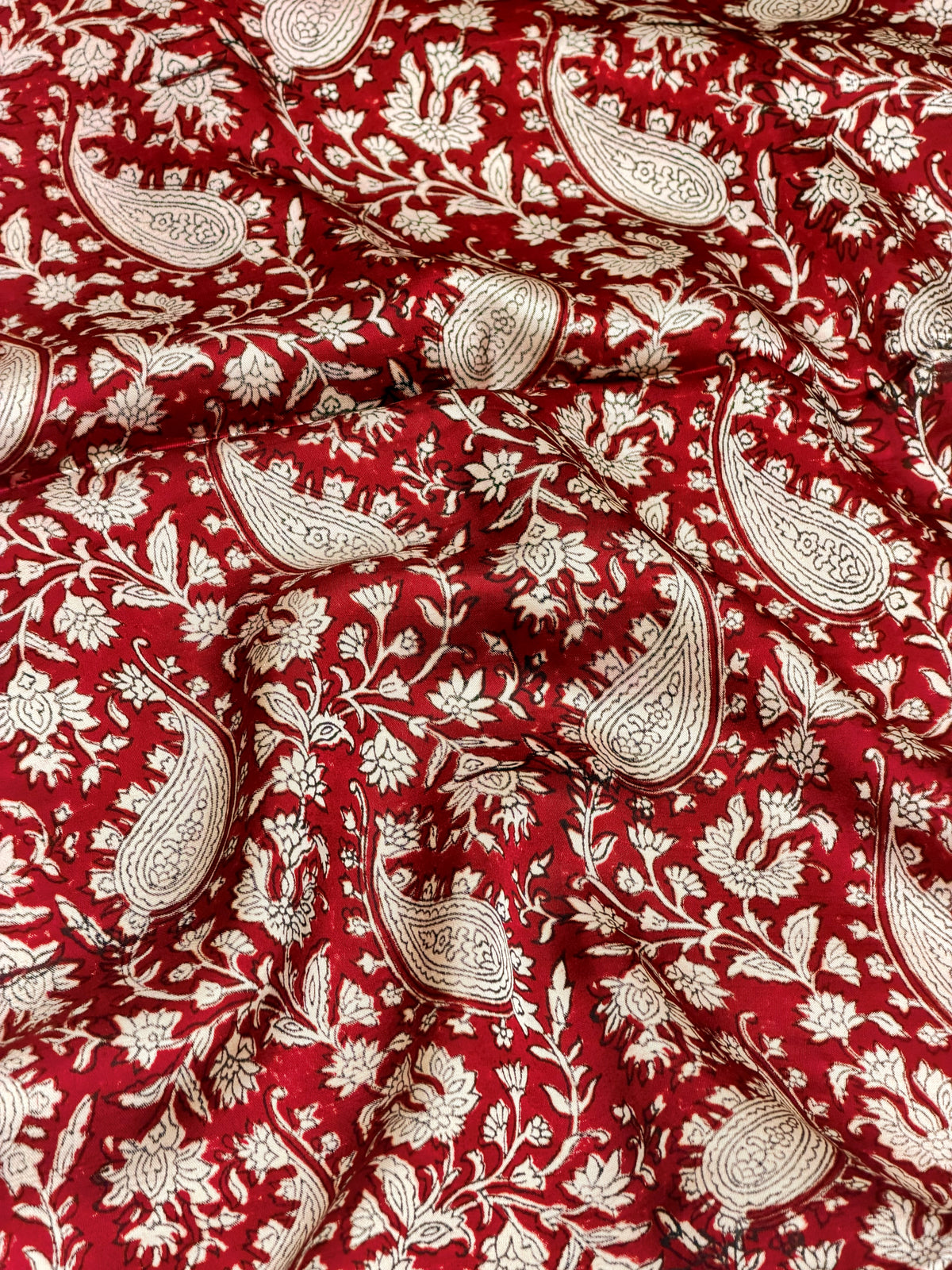 Red Muslin Silk Paisley Block Print Fabric