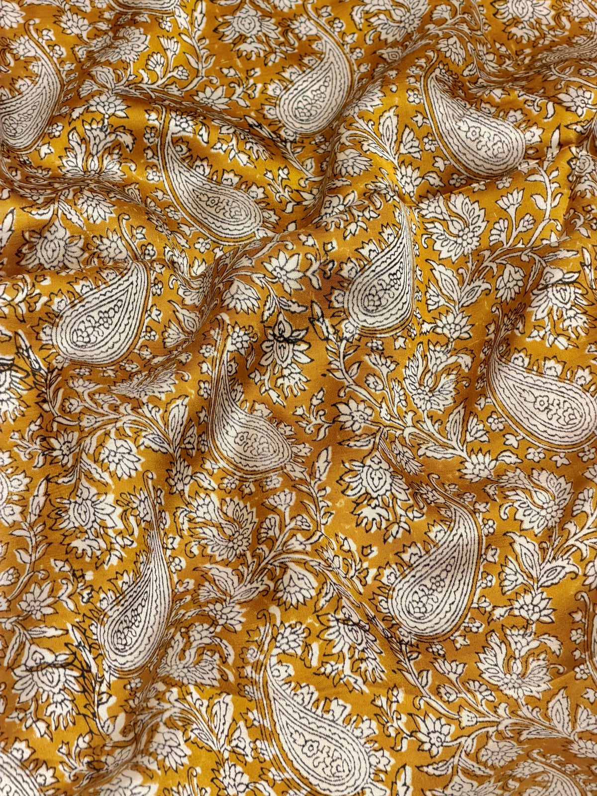 Yellow Muslin Silk Paisley Block Print Fabric