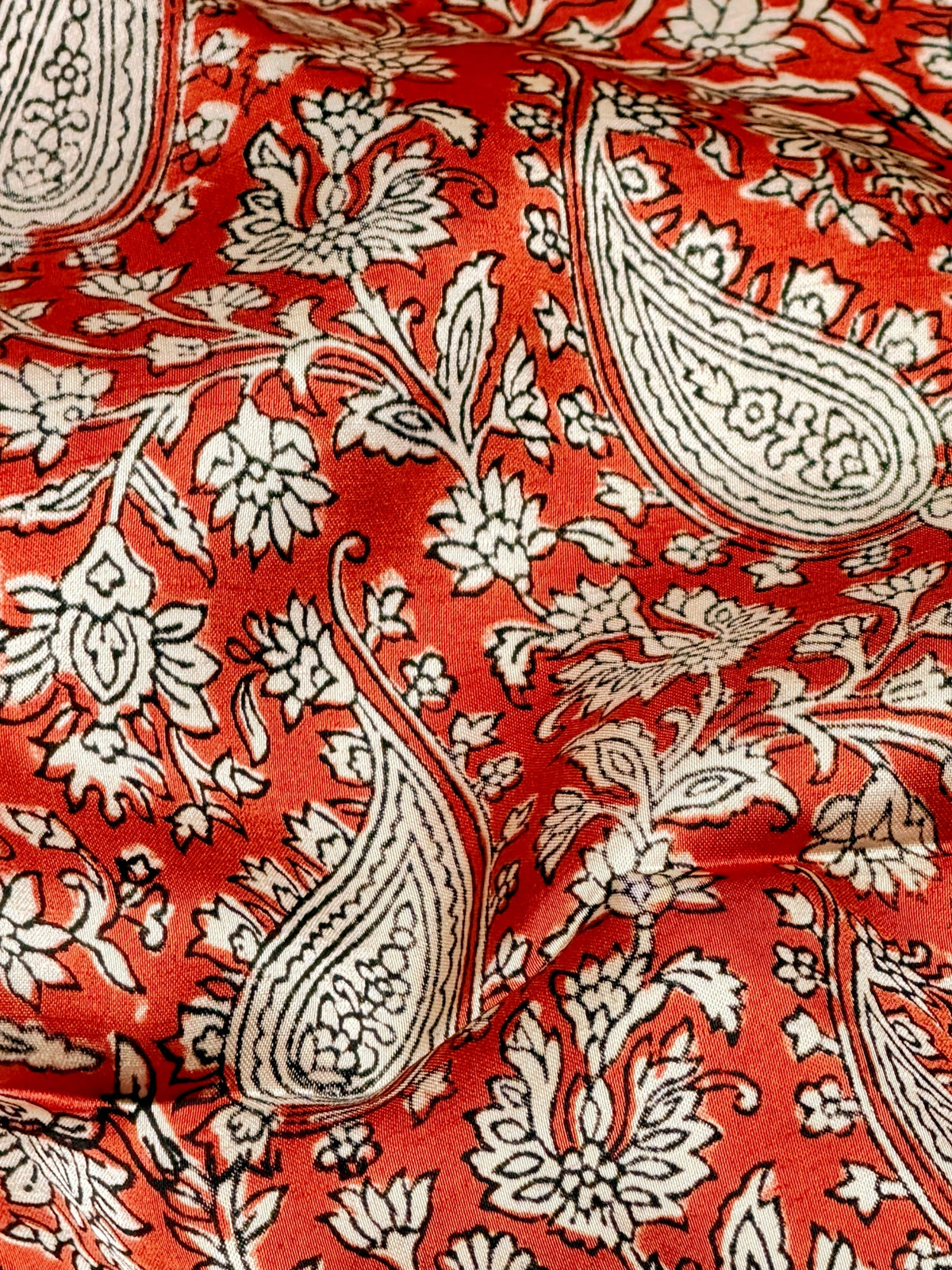 Orange Muslin Silk Paisley Block Print Fabric