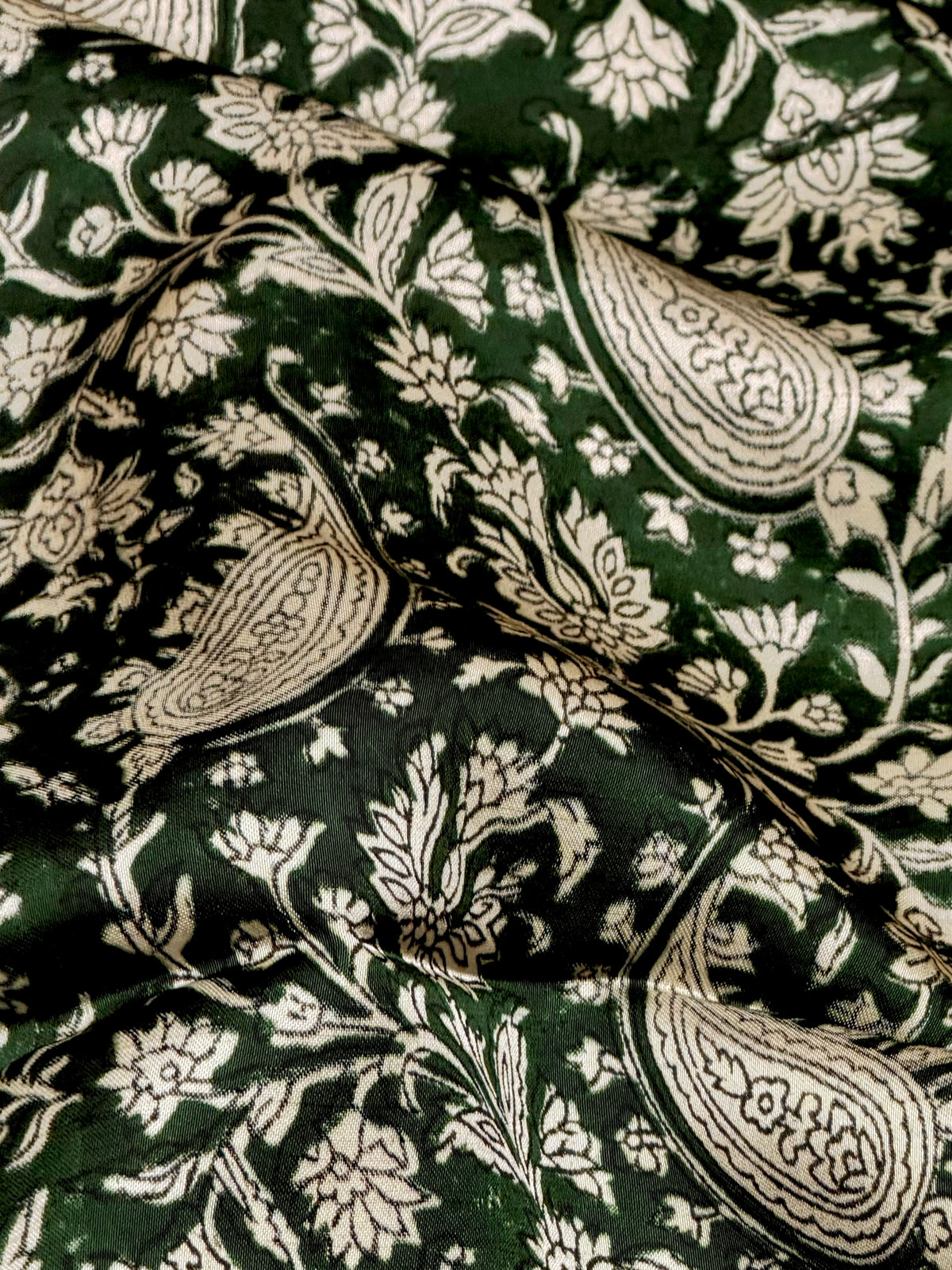 Green Muslin Silk Paisley Block Print Fabric