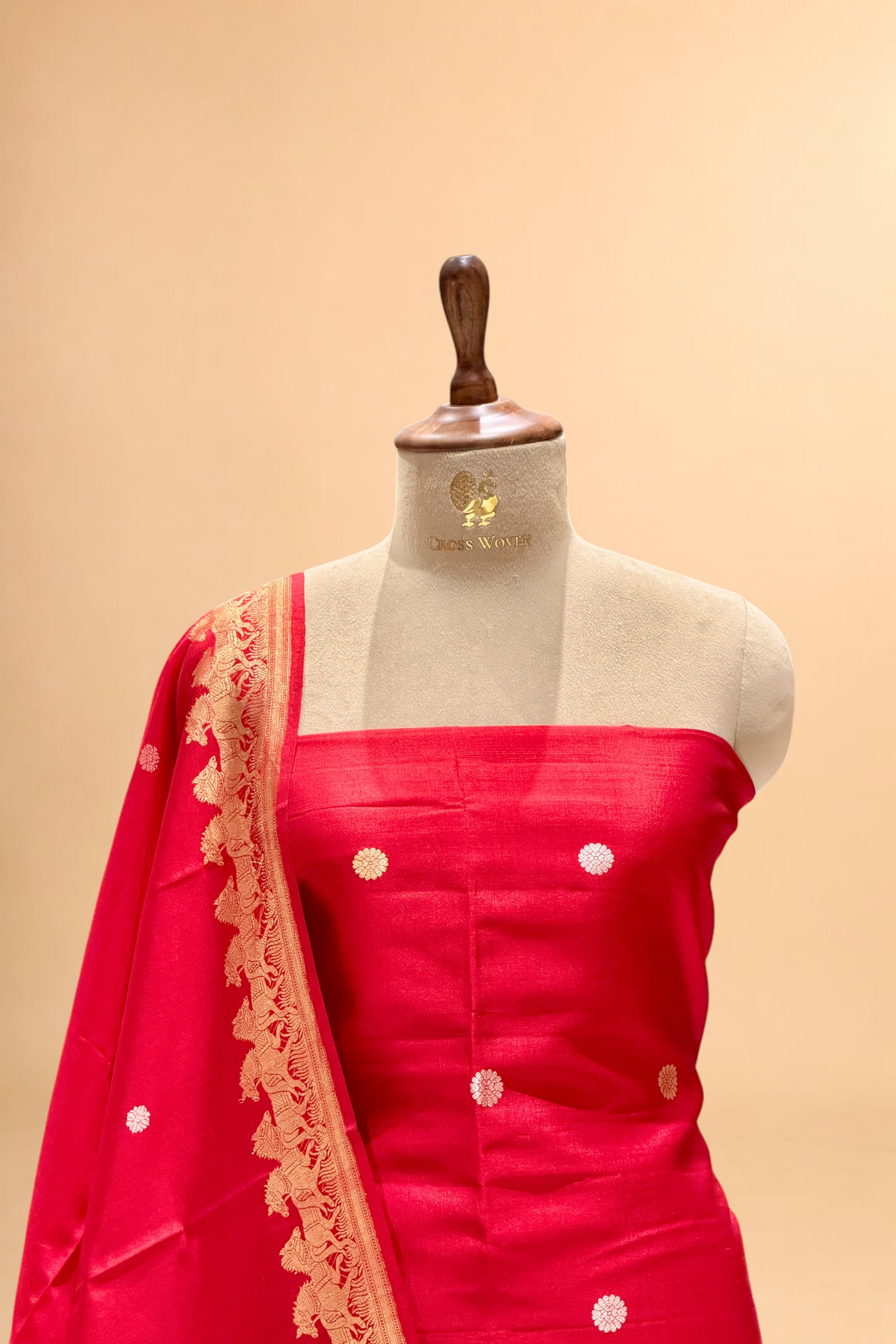 Red Pure Soft Silk Suit Set with Horse Motif Border