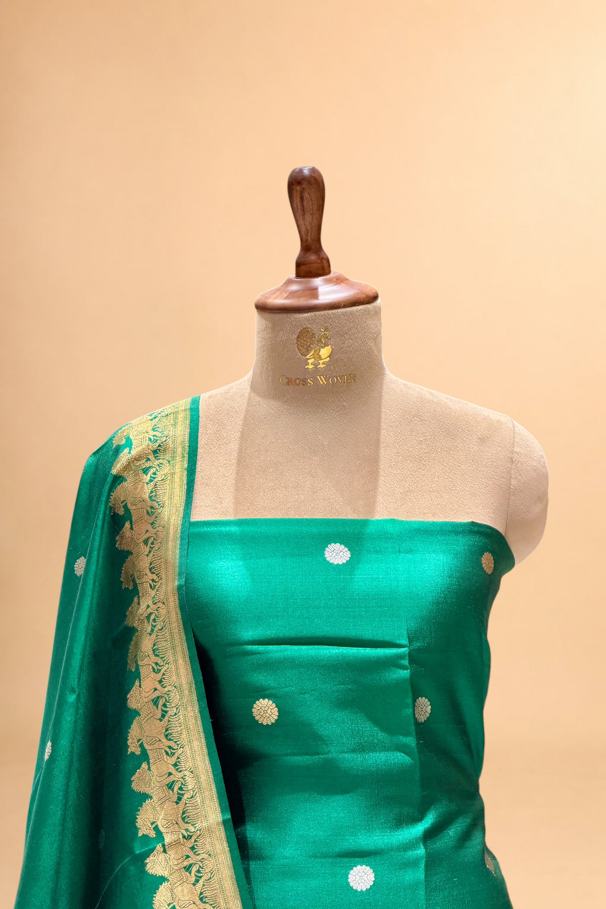 Emerald Green Pure Soft Silk Suit Set with Horse Motif Border