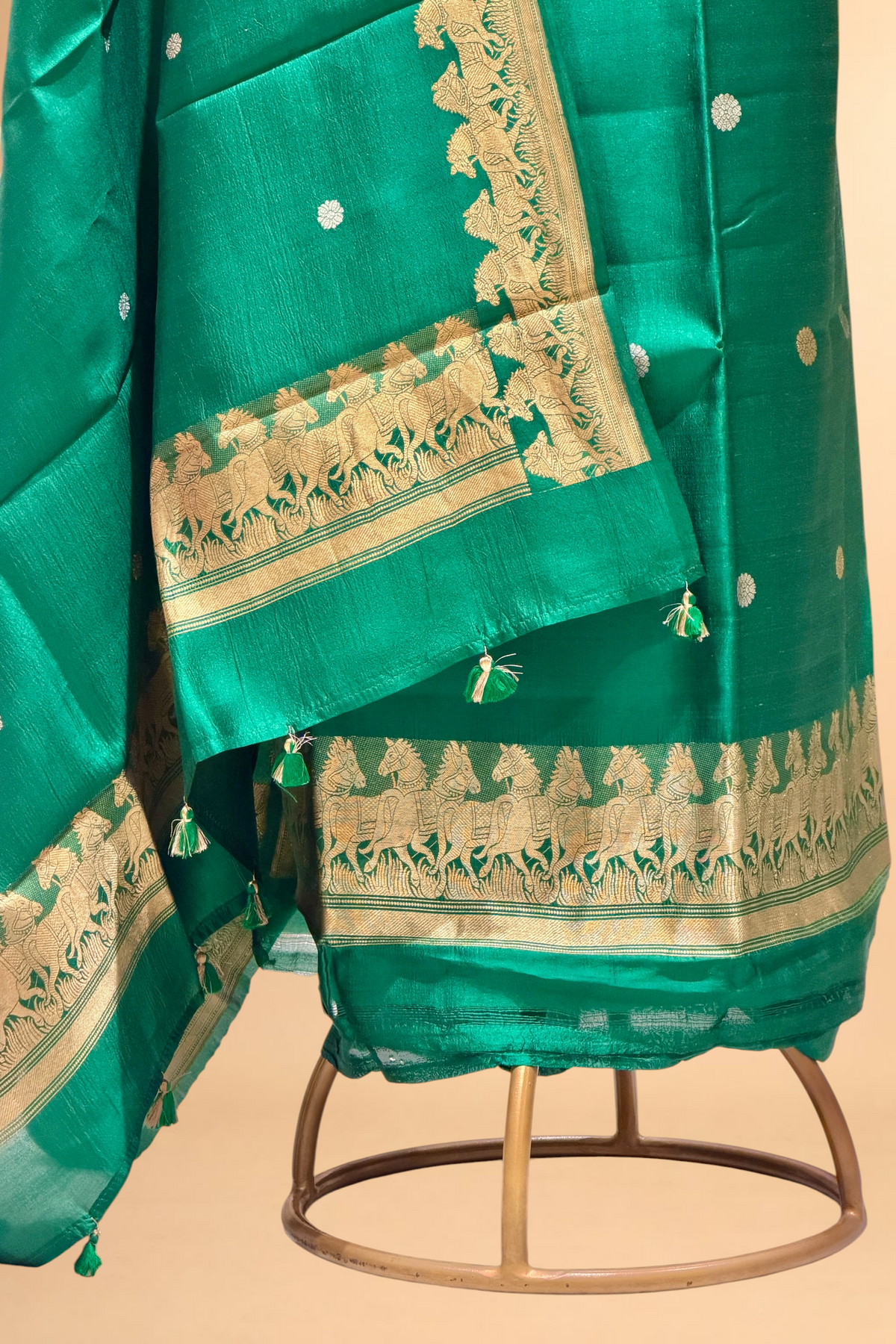 Emerald Green Pure Soft Silk Suit Set with Horse Motif Border
