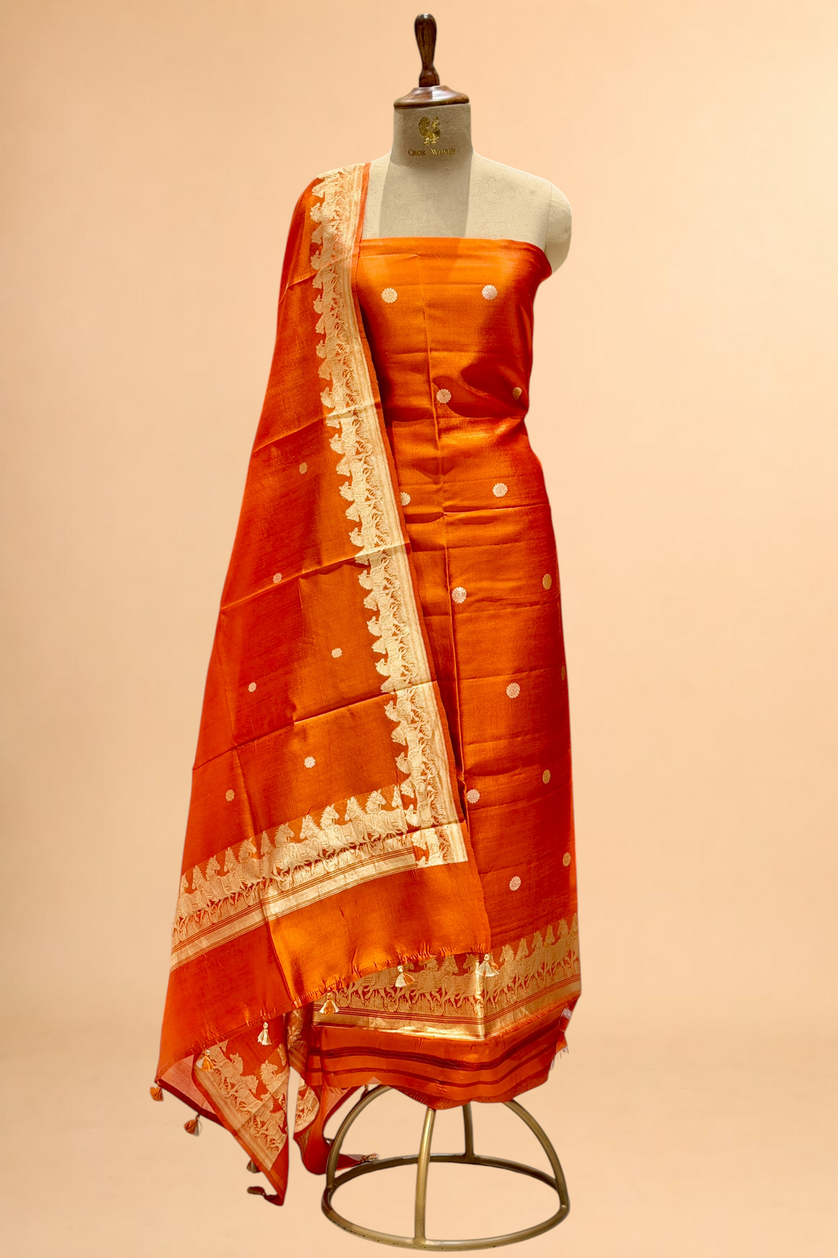 Rust Orange  Pure Soft Silk Suit Set with Horse Motif Border