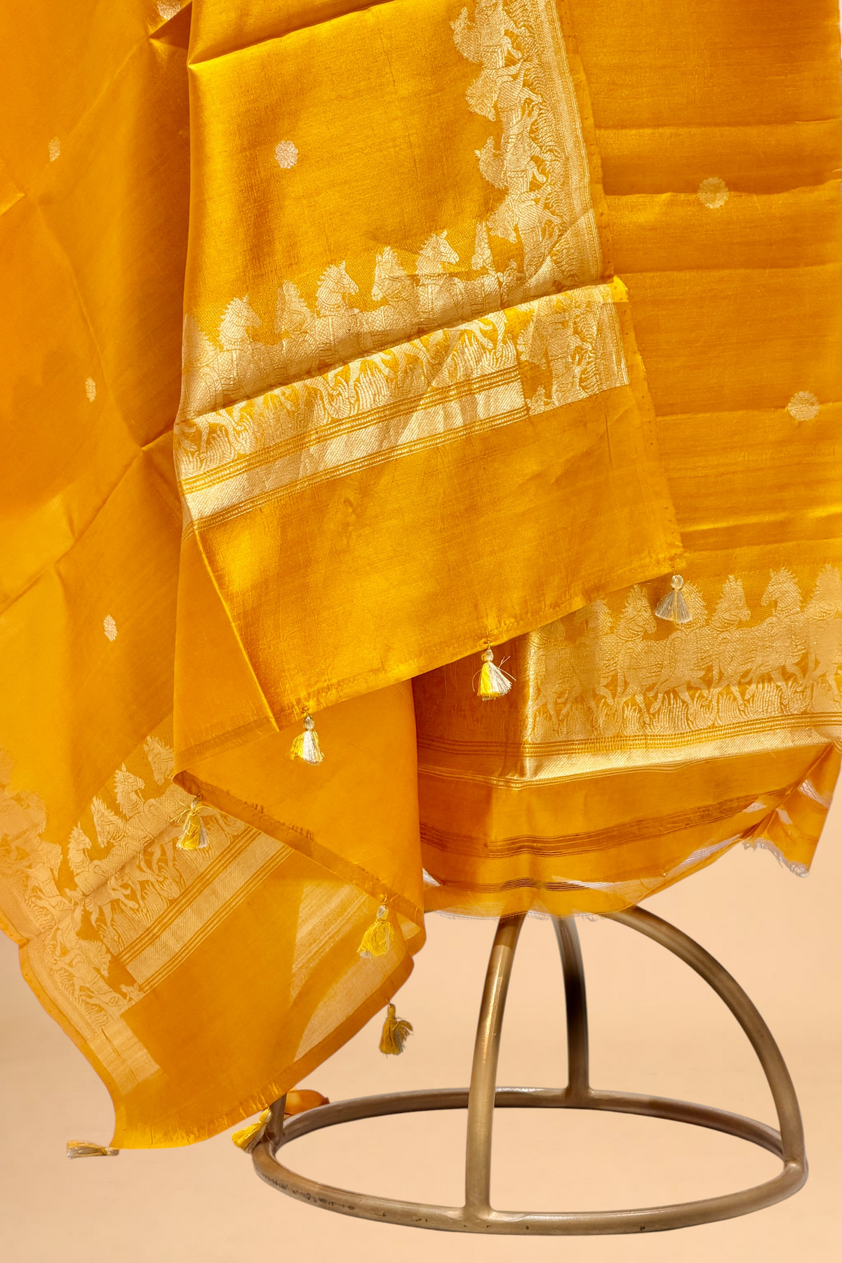 Mustard Yellow Pure Soft Silk Suit Set with Horse Motif Border