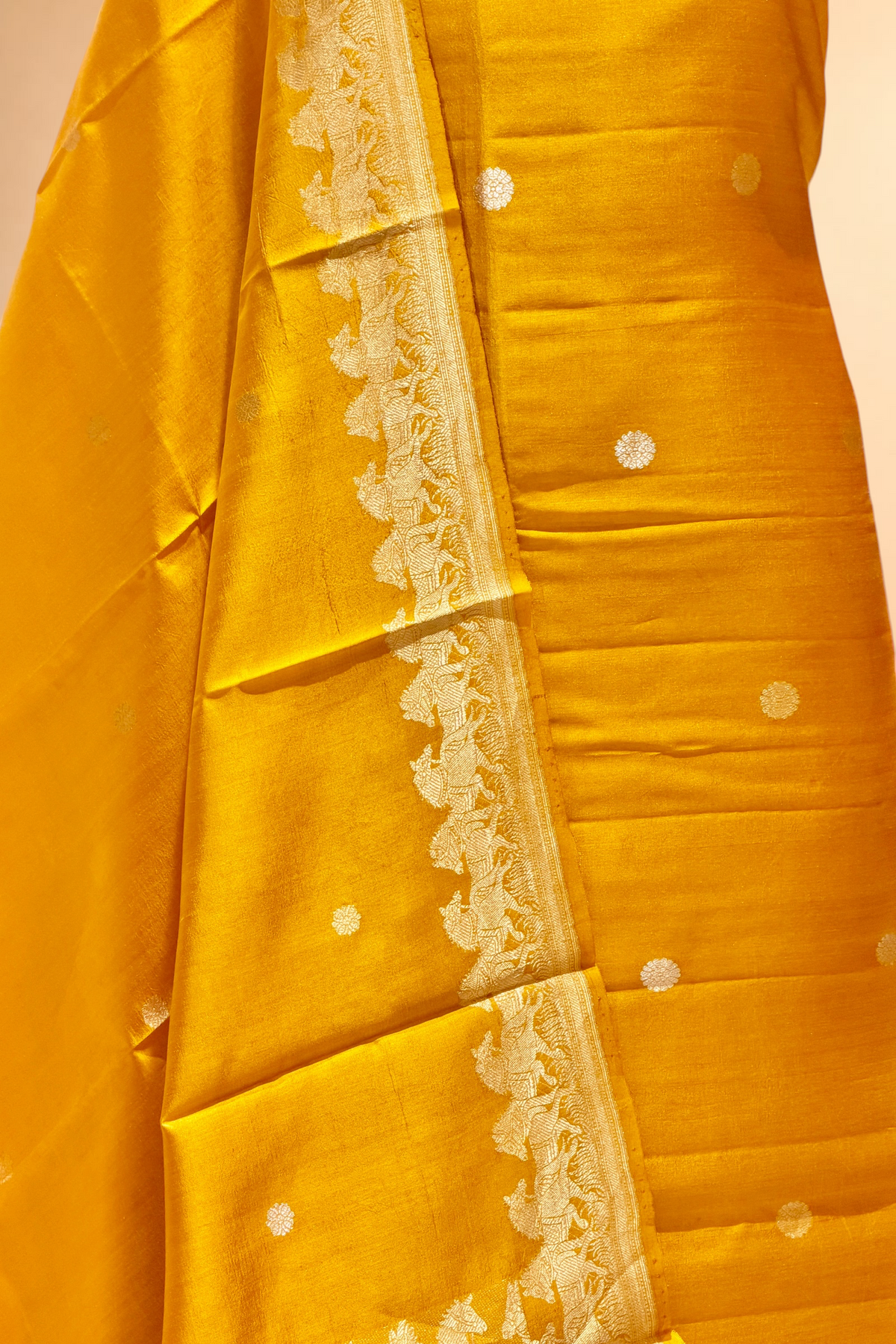 Mustard Yellow Pure Soft Silk Suit Set with Horse Motif Border