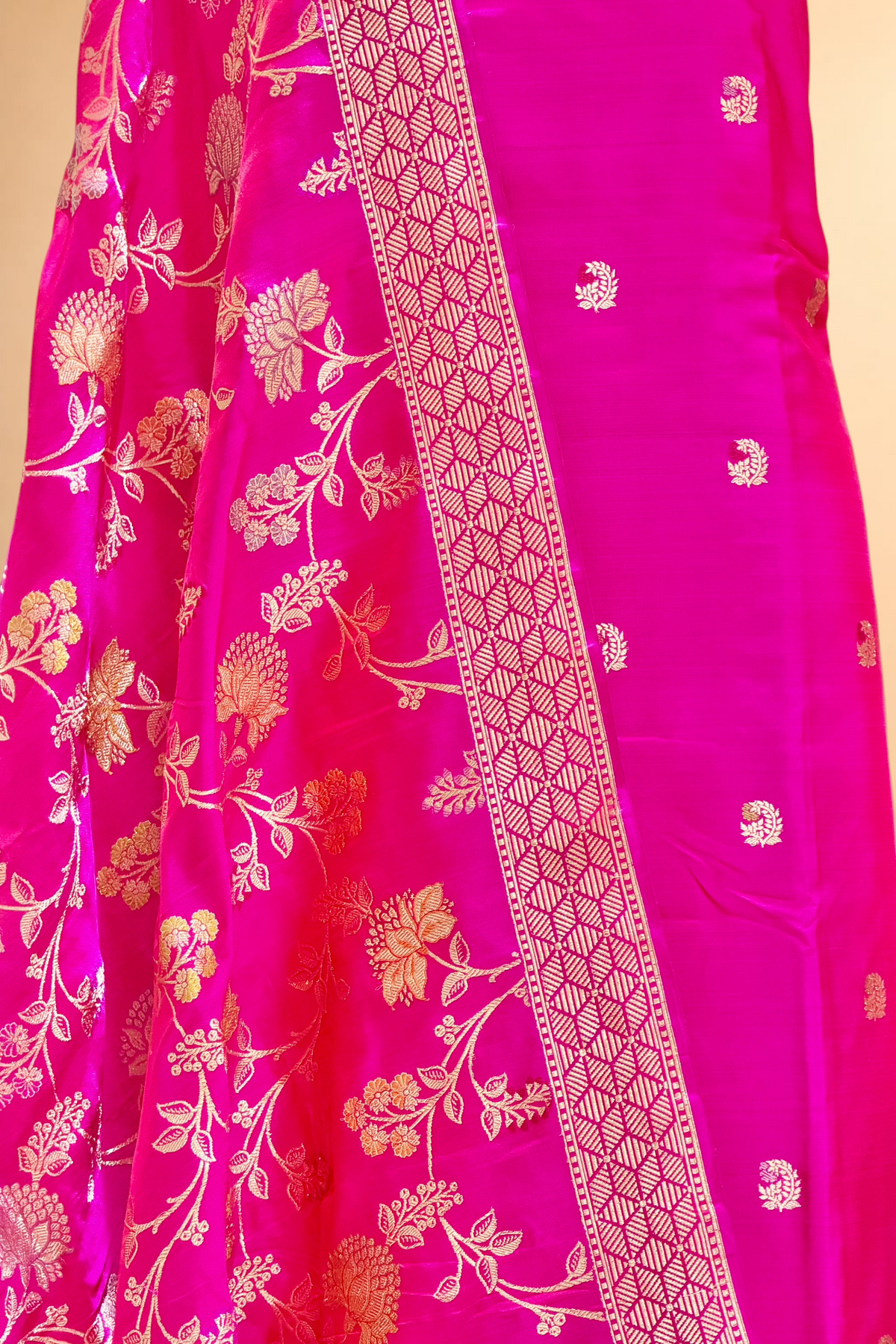 Rani Pink Katan Silk Iktara Suit with Meena Kadhwa Floral Jaal Dupatta