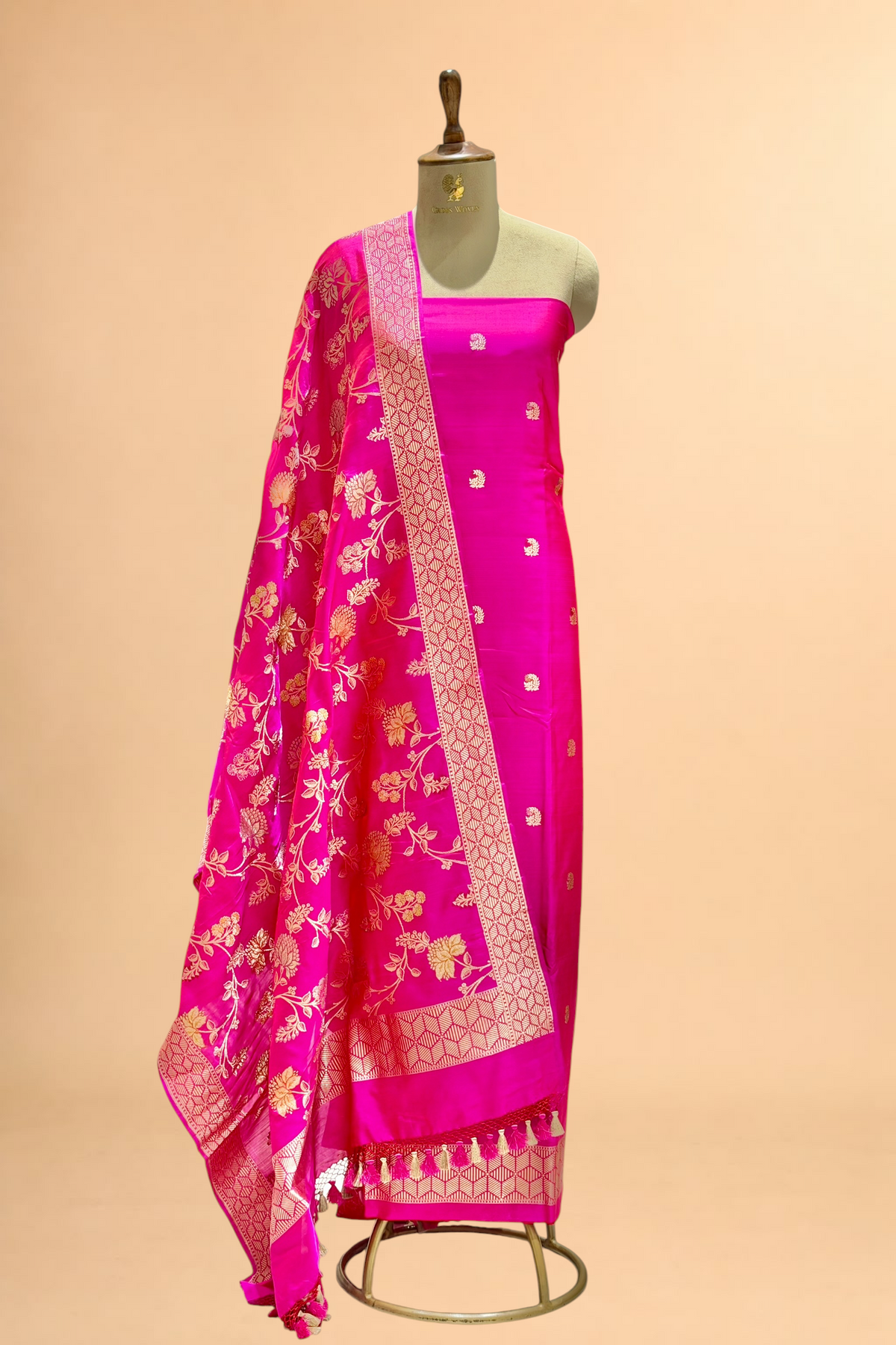Rani Pink Katan Silk Iktara Suit with Meena Kadhwa Floral Jaal Dupatta