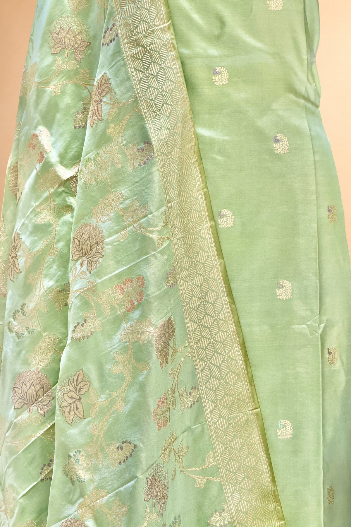 Pastel Green Katan Silk Iktara Suit with Meena Kadhwa Floral Jaal Dupatta