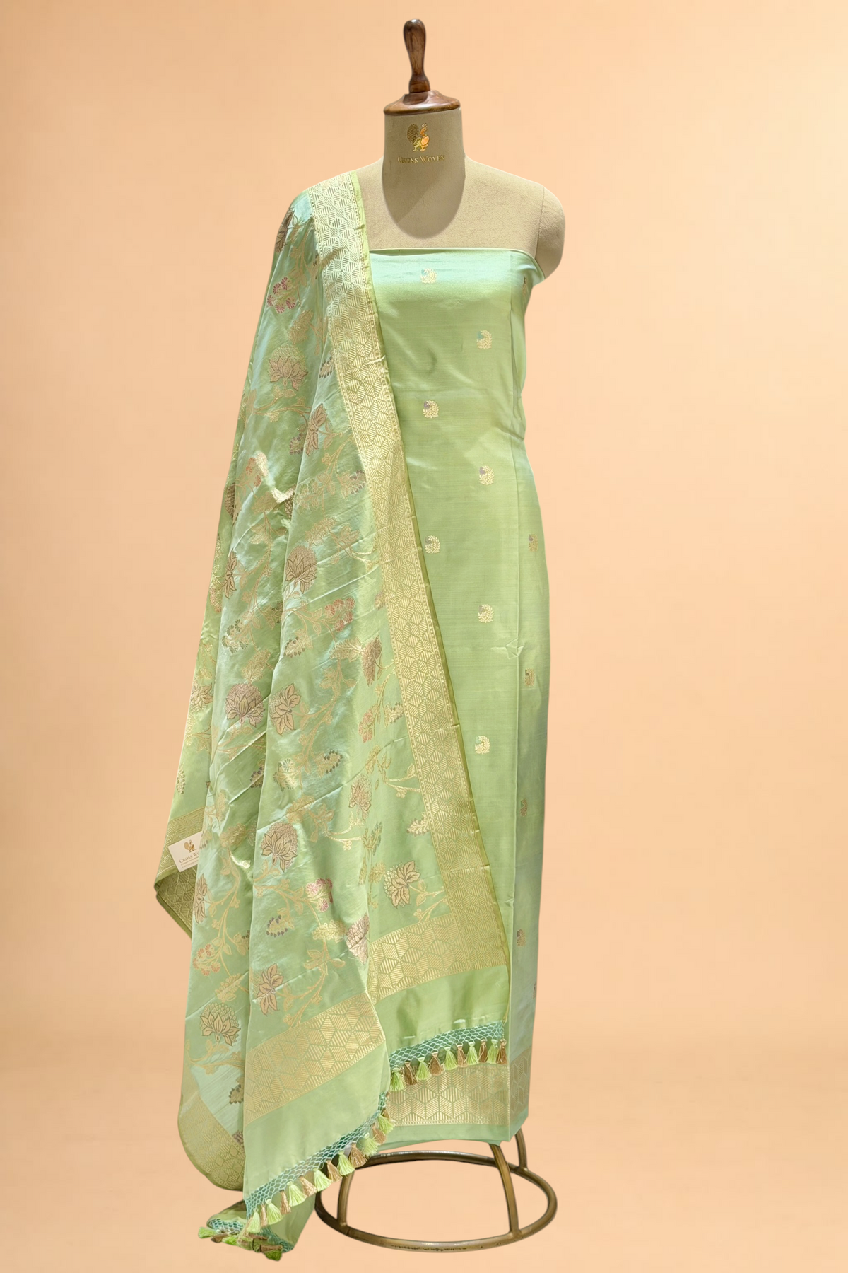 Pastel Green Katan Silk Iktara Suit with Meena Kadhwa Floral Jaal Dupatta