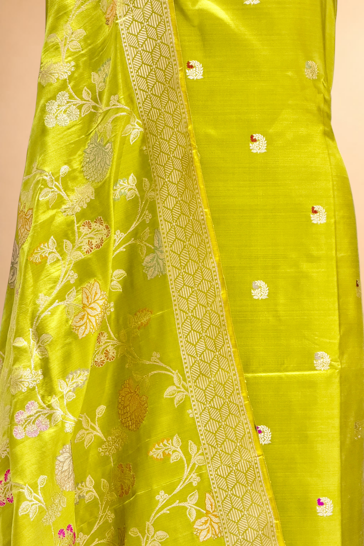 Lime Green Katan Silk Iktara Suit with Meena Kadhwa Floral Jaal Dupatta