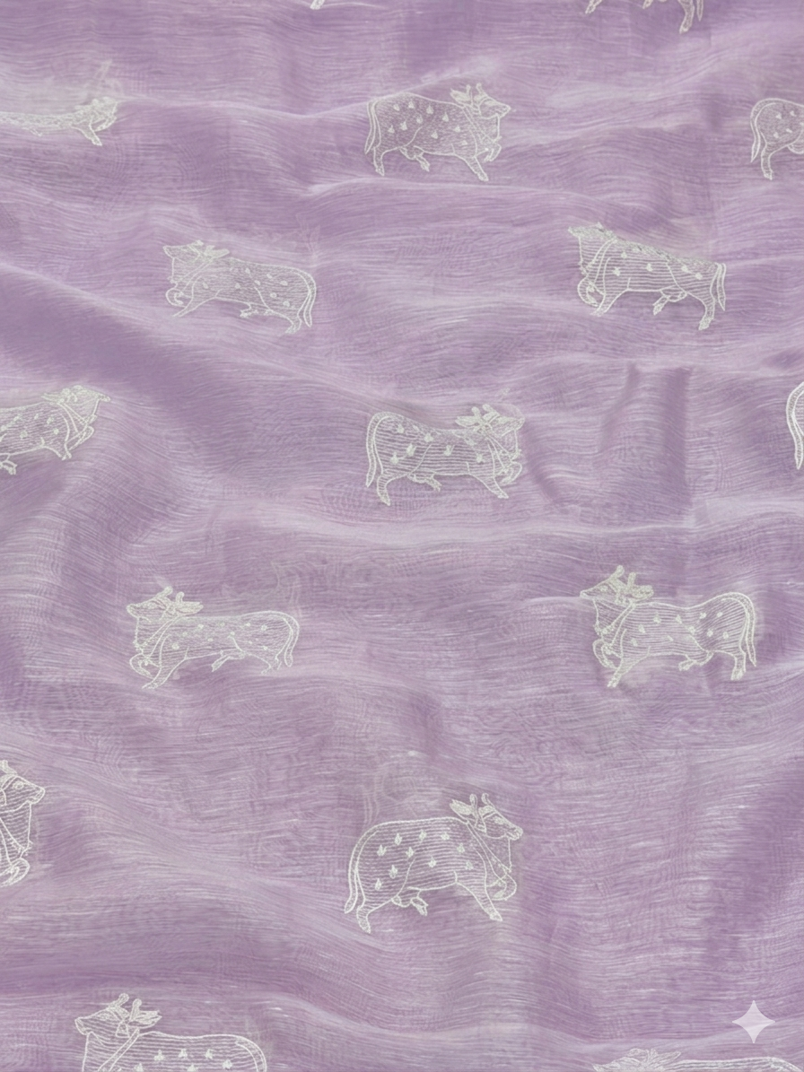 Lavender Silk Linen Fabric With Nandi Embroidery