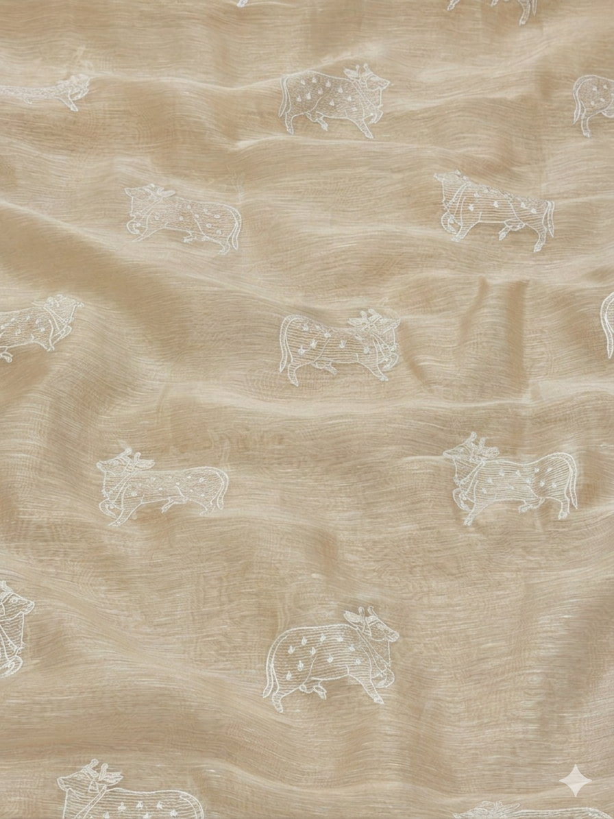 Tussar Beige Silk Linen Fabric With Nandi Embroidery