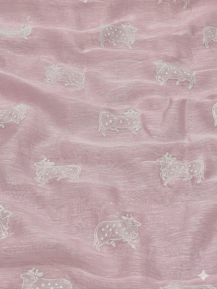 Light Pink Silk Linen Fabric With Nandi Embroidery
