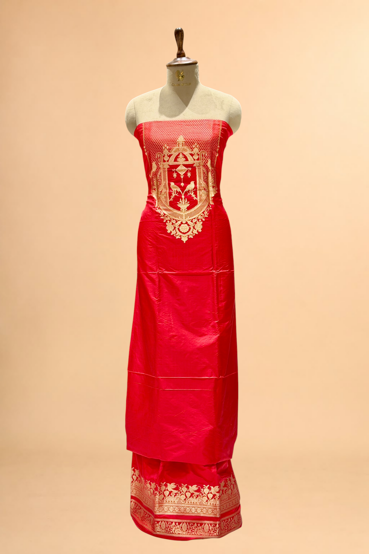 Red Katan Silk Co-Ord Set with Regal Panel 