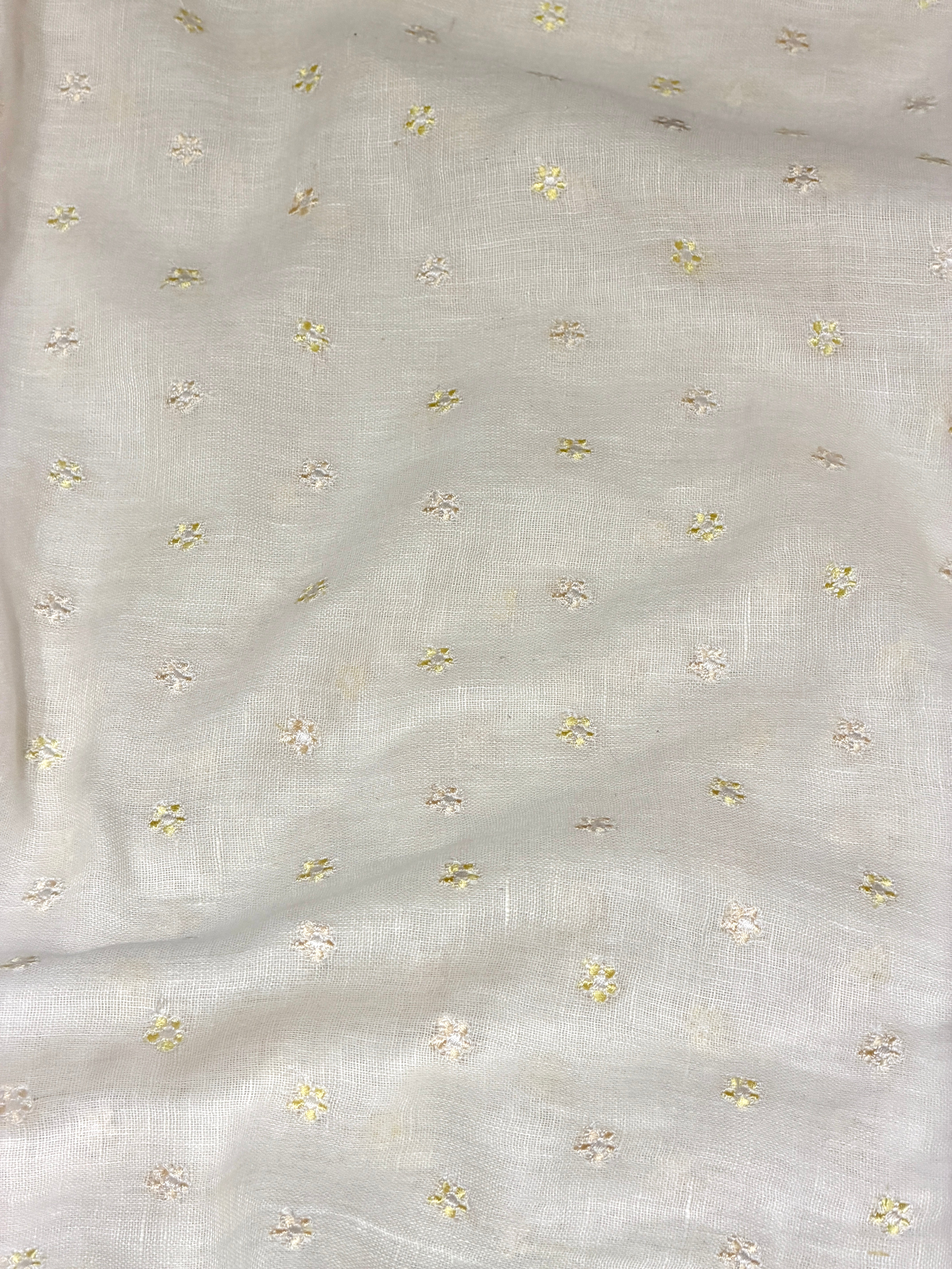 White Linen Fabric With Floral Embroidery