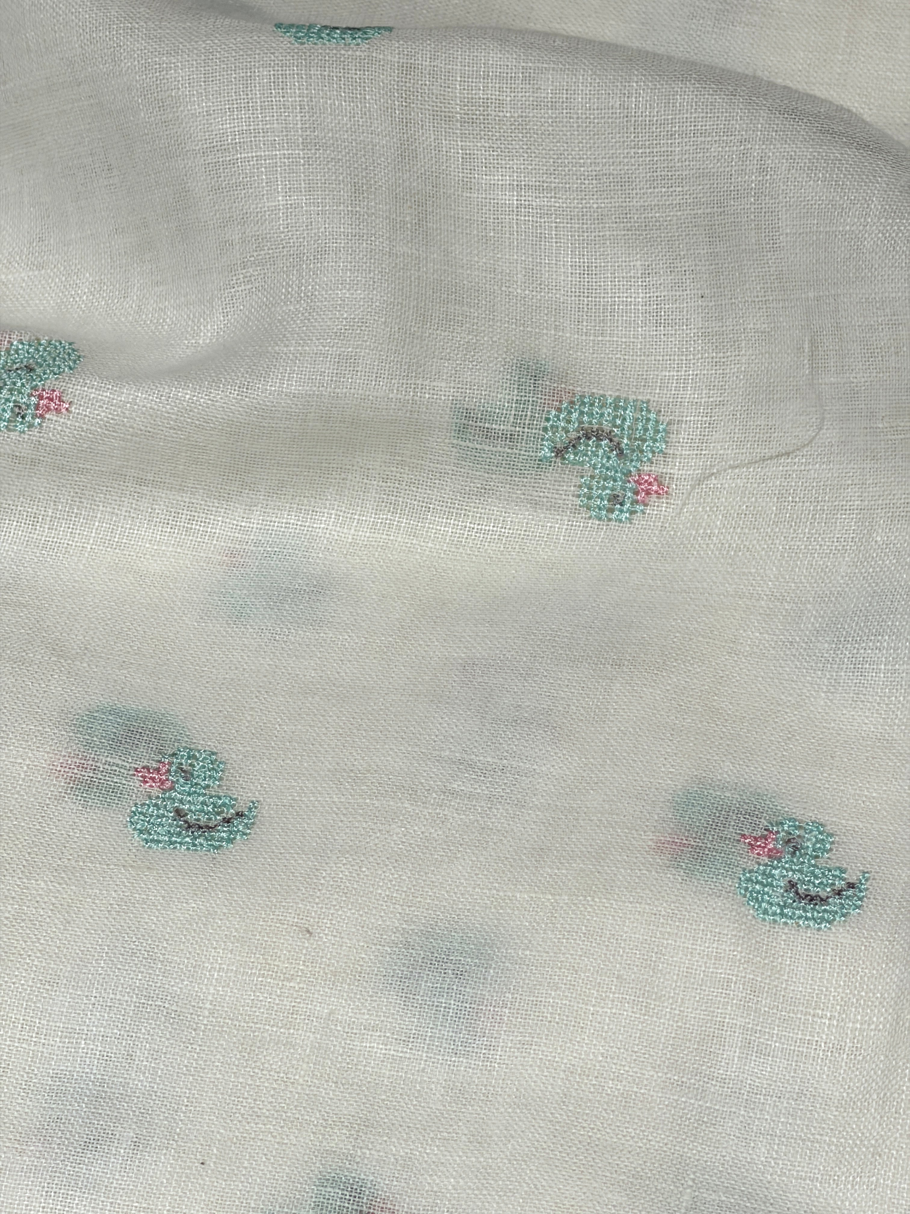 White Linen Fabric With Duck Embroidery