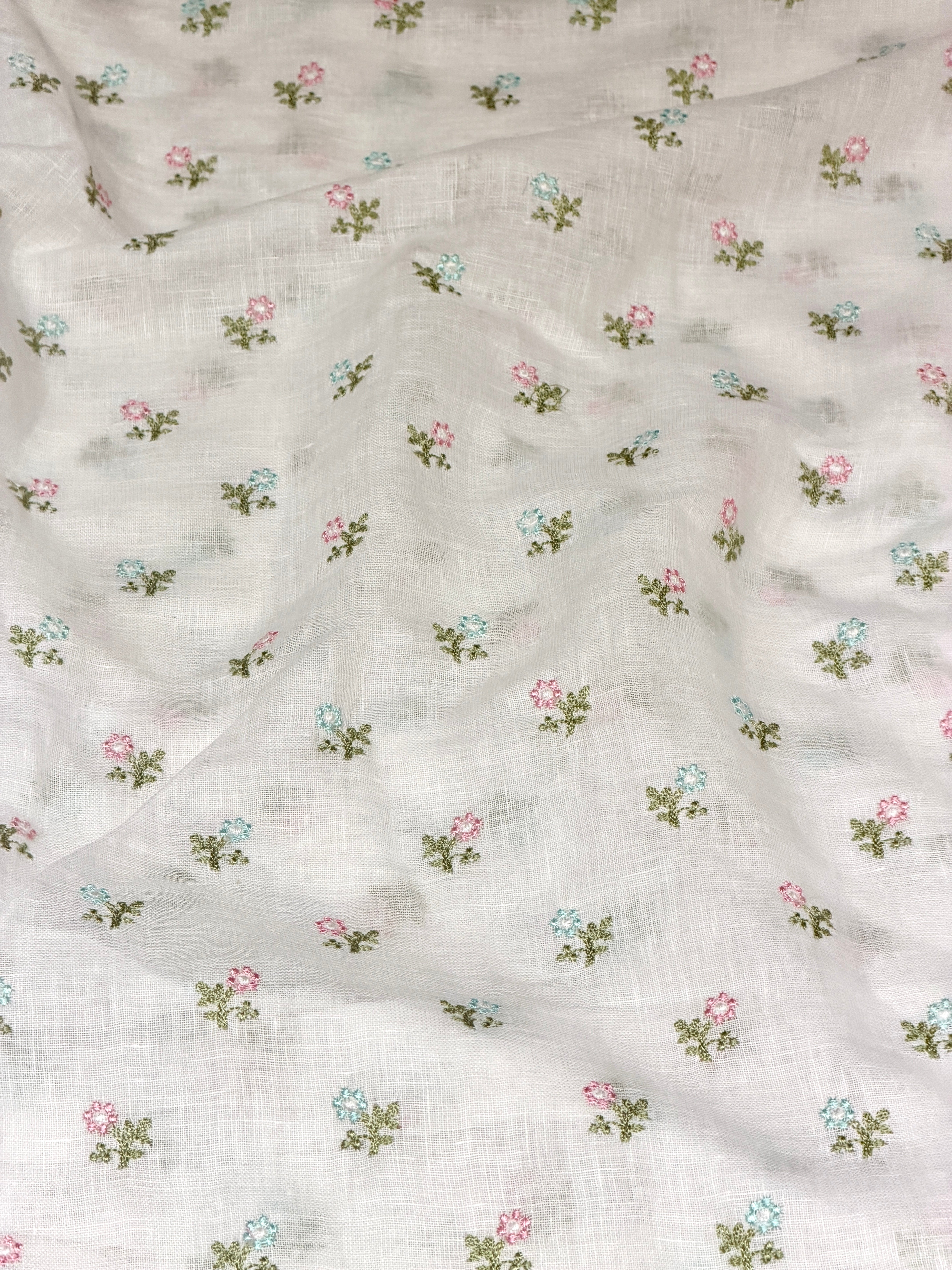 White Linen Fabric With Flower Embroidery