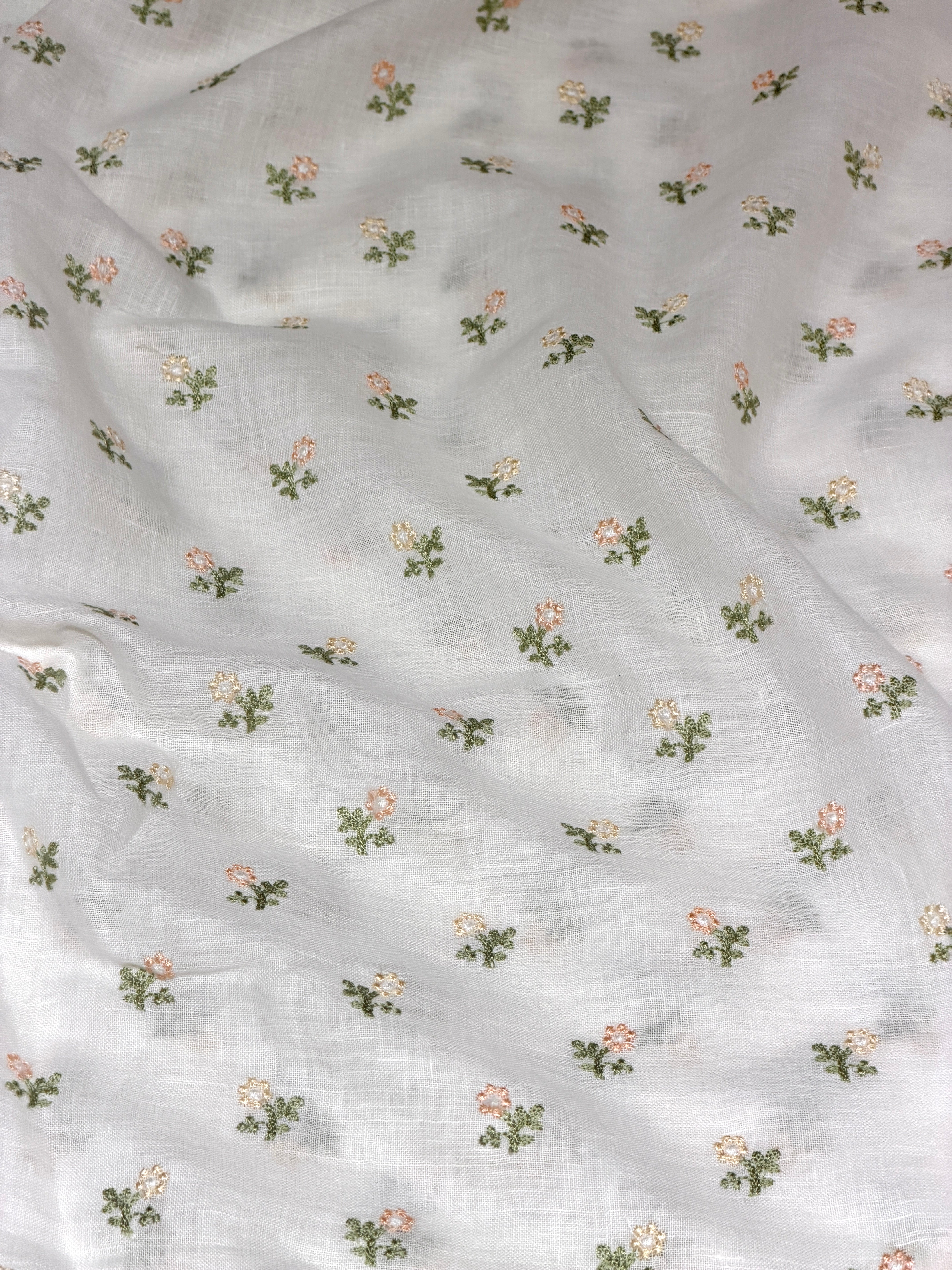 White Linen Fabric With Flower Embroidery